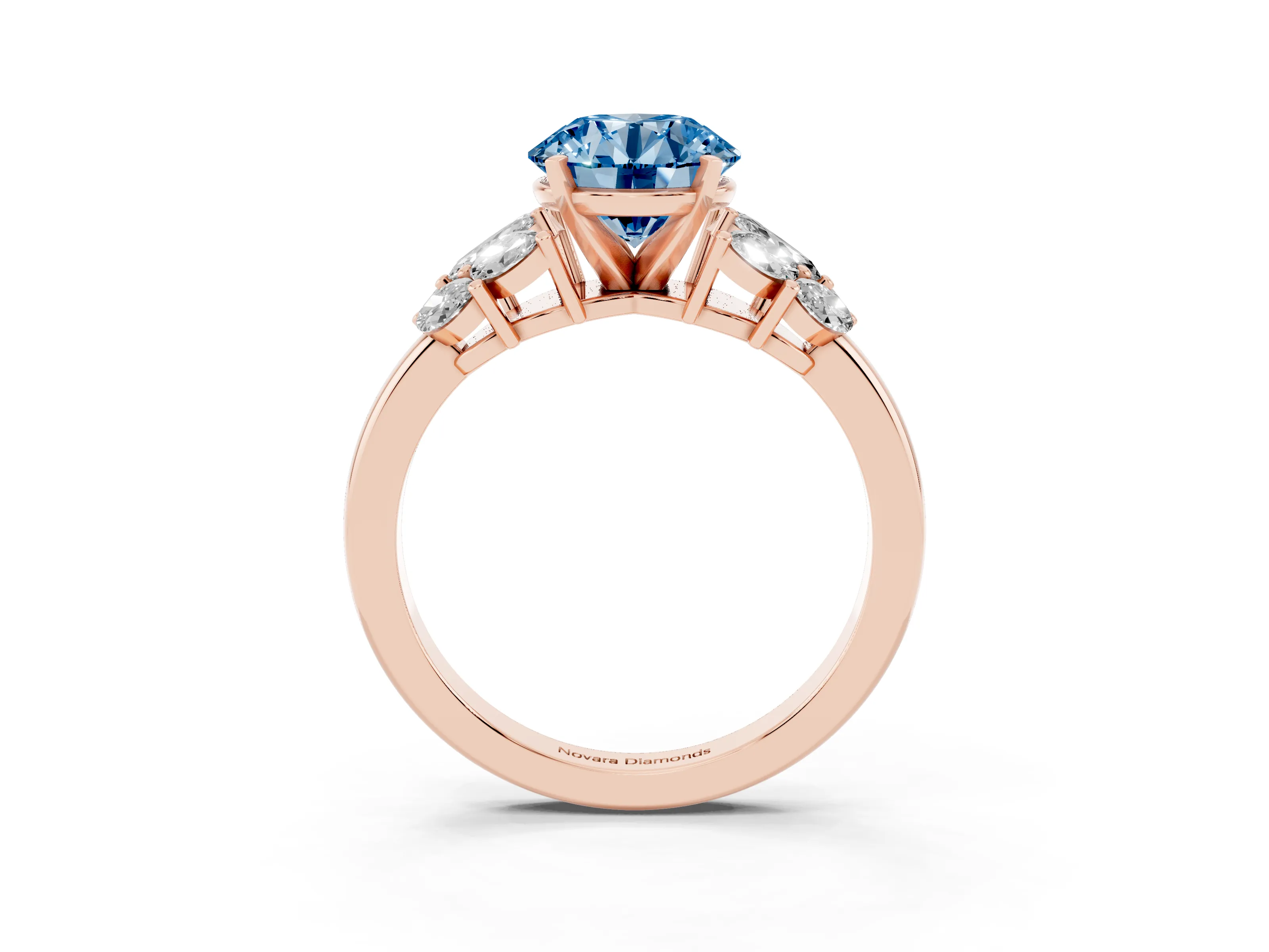 Fancy Blue Round Cut Diamond Cluster Leaf Design Ring Set in Rose gold with Prong Setting