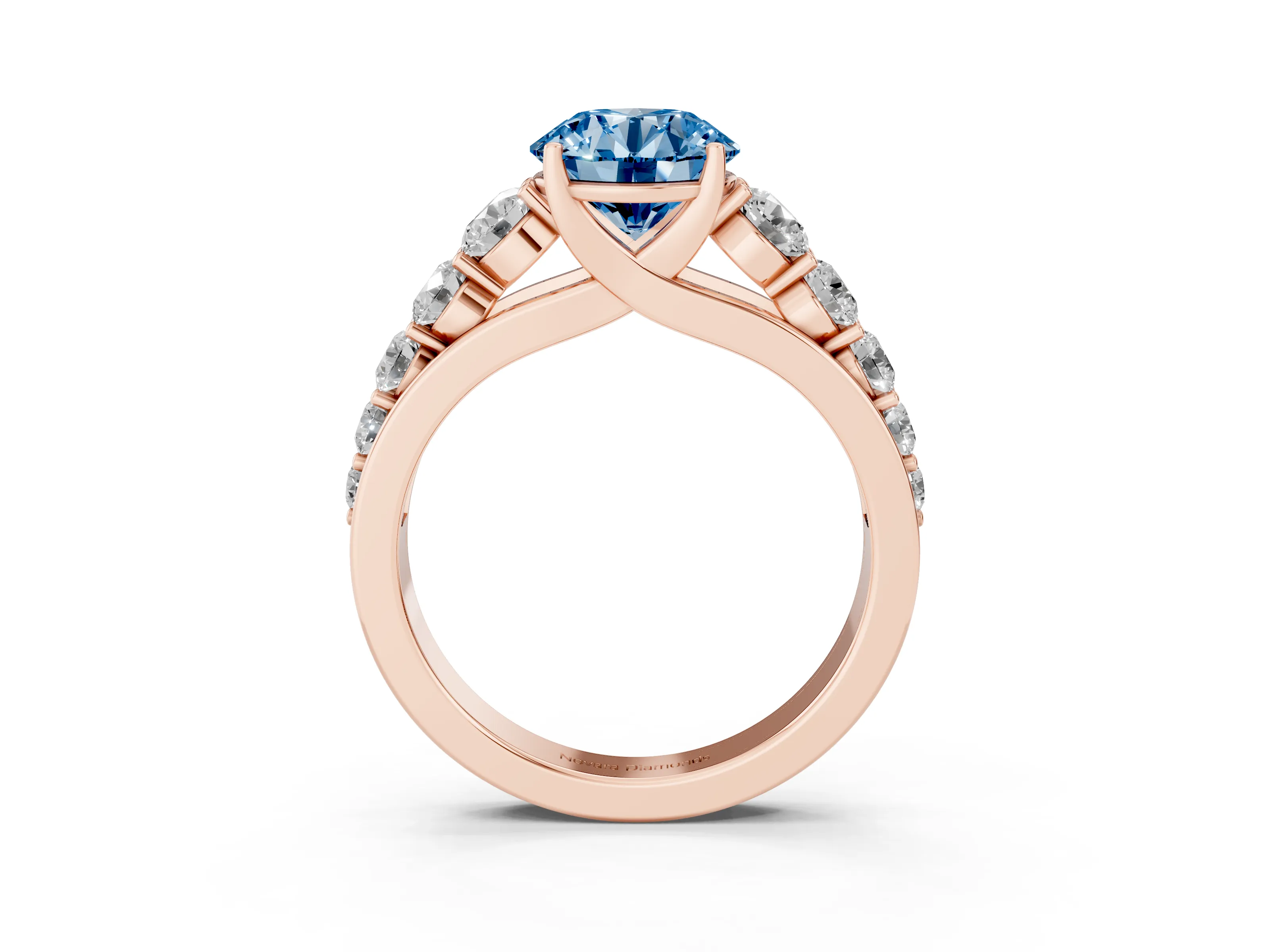 Fancy Blue Round Cut Diamond Solitaire Ring Set in Rose gold with Pavé-Set Band and Prong Setting