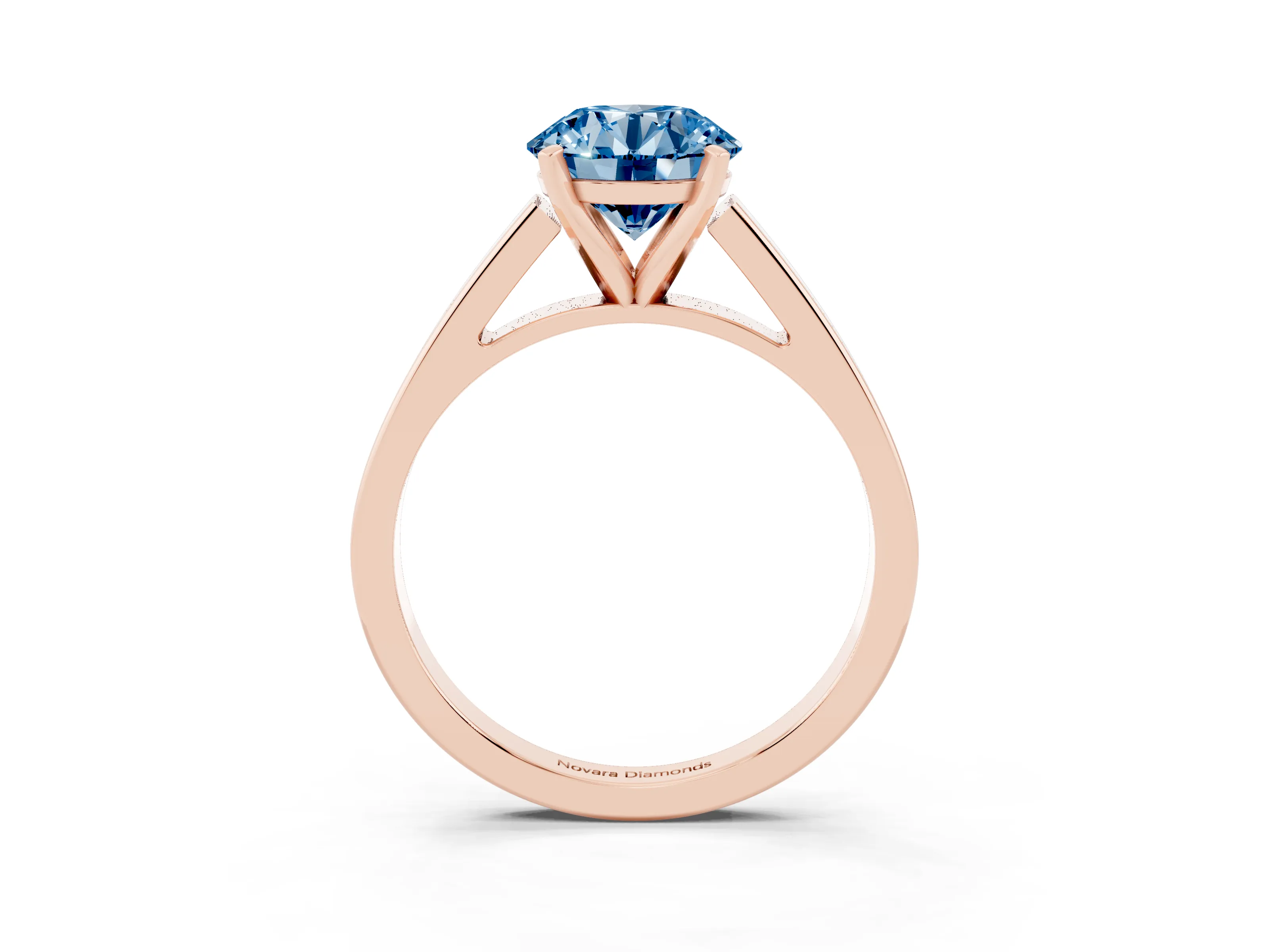 Fancy Blue Round Cut Diamond Solitaire Engagement Ring Set in Rose gold with Prong Setting and Tapered Band
