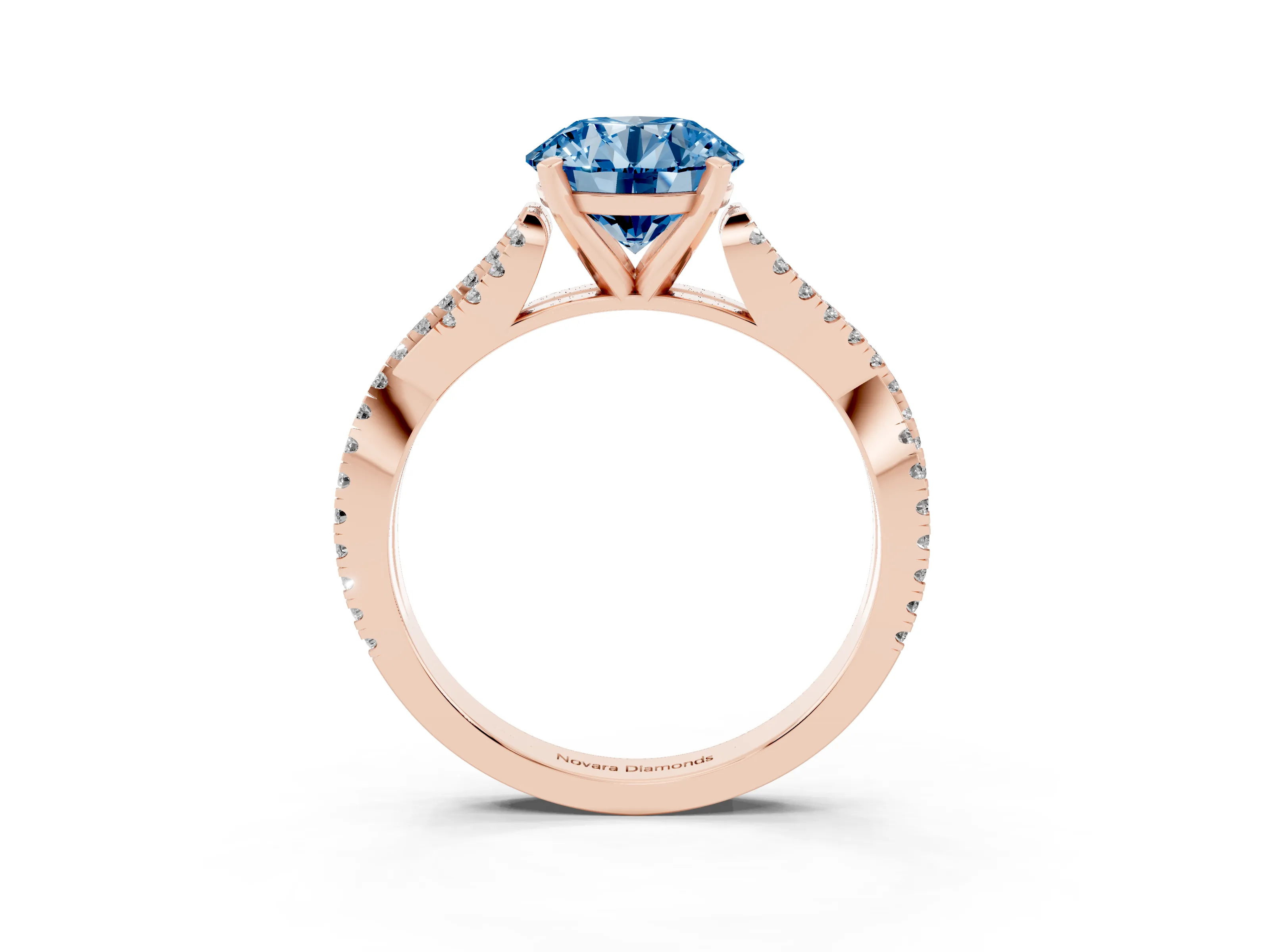Fancy Blue Round Cut Diamond Solitaire Engagement Ring Set in Rose gold with Twisted Pavé Band and Prong Setting