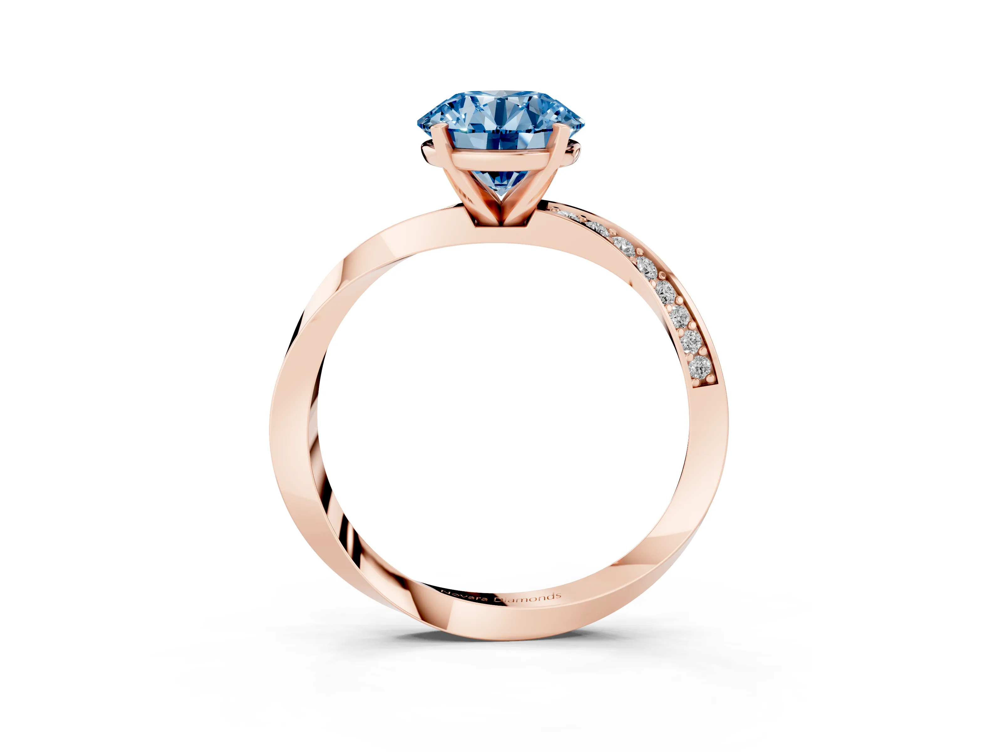 Fancy Blue Round Cut Diamond Engagement Ring Set in Rose gold with Side Stone Accents and Prong Setting
