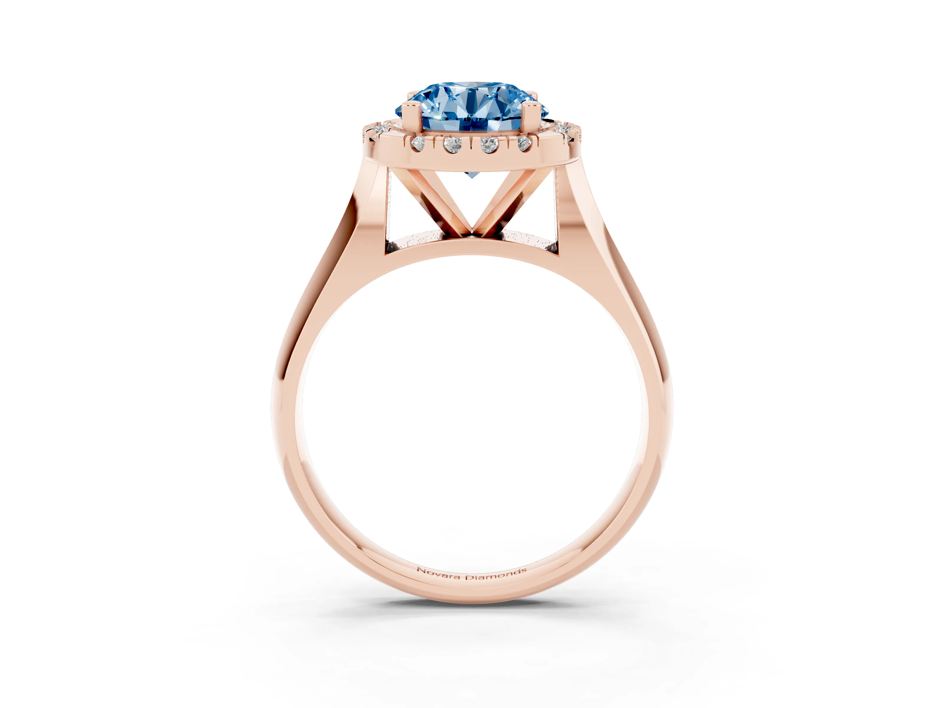Fancy Blue Round Cut Diamond Halo Solitaire Engagement Ring Set in Rose gold with Square Band and Prong Setting