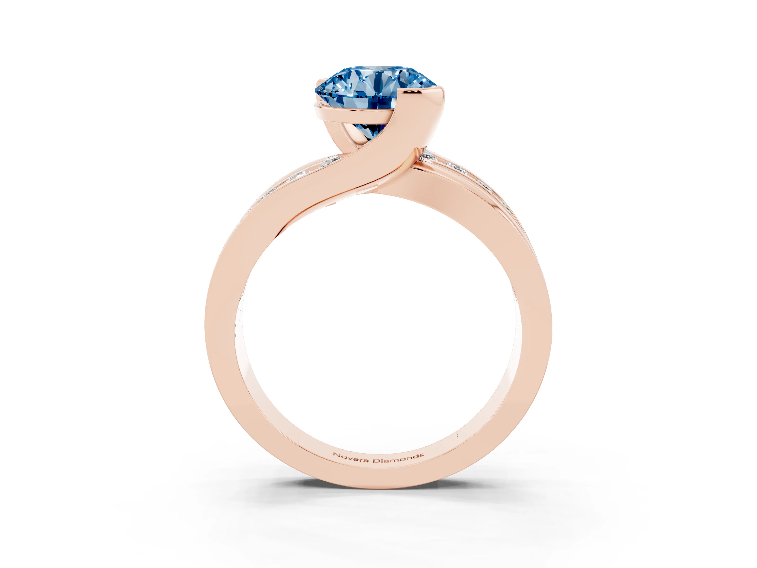 Fancy Blue Round Cut Diamond Solitaire Ring Set in Rose gold with Channel Set Split Shank and Tension Prongs