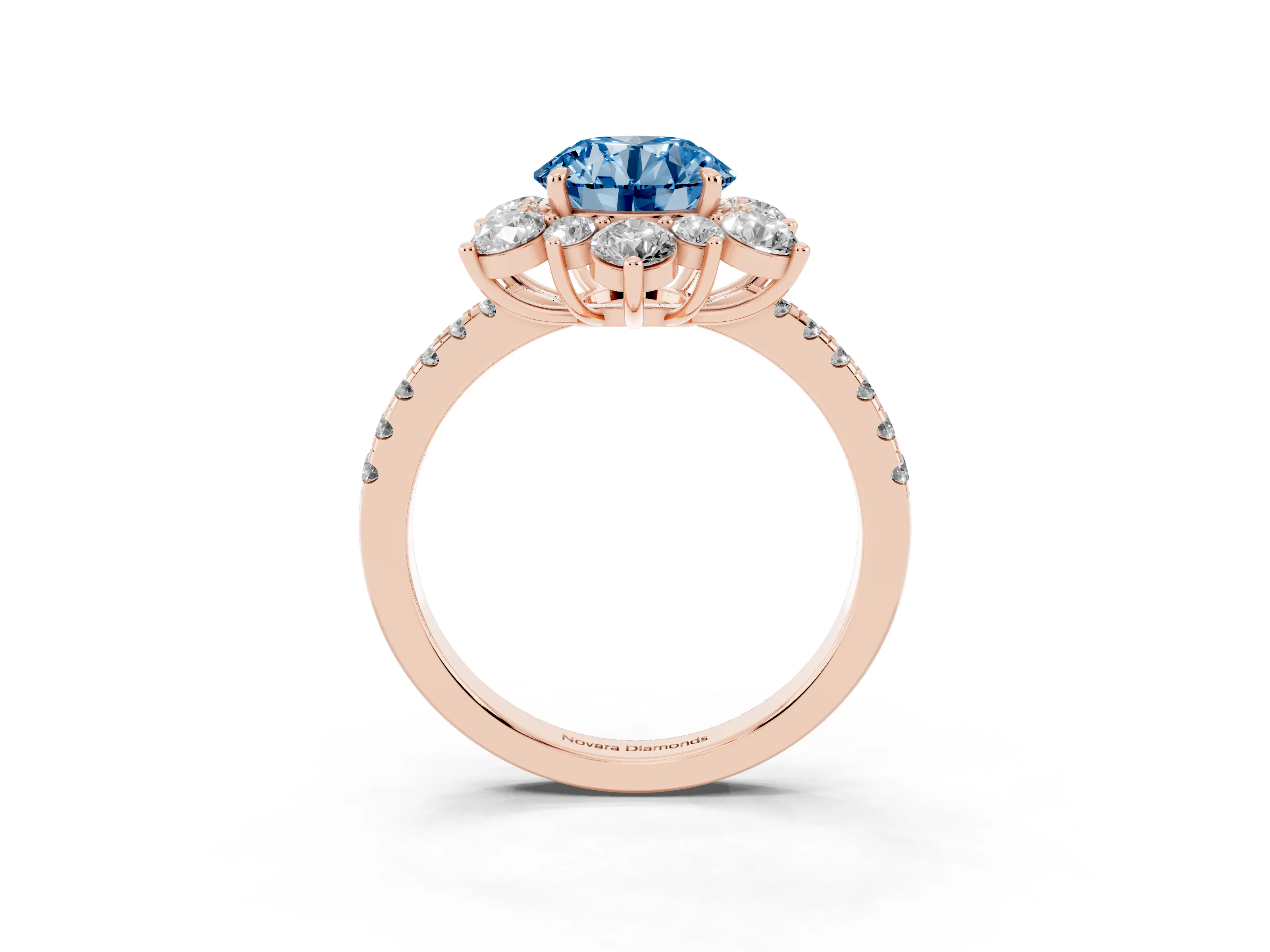 Fancy Blue Round Cut Diamond Floral Halo Ring Set in Rose gold with Round Pavé Band and Prong Setting