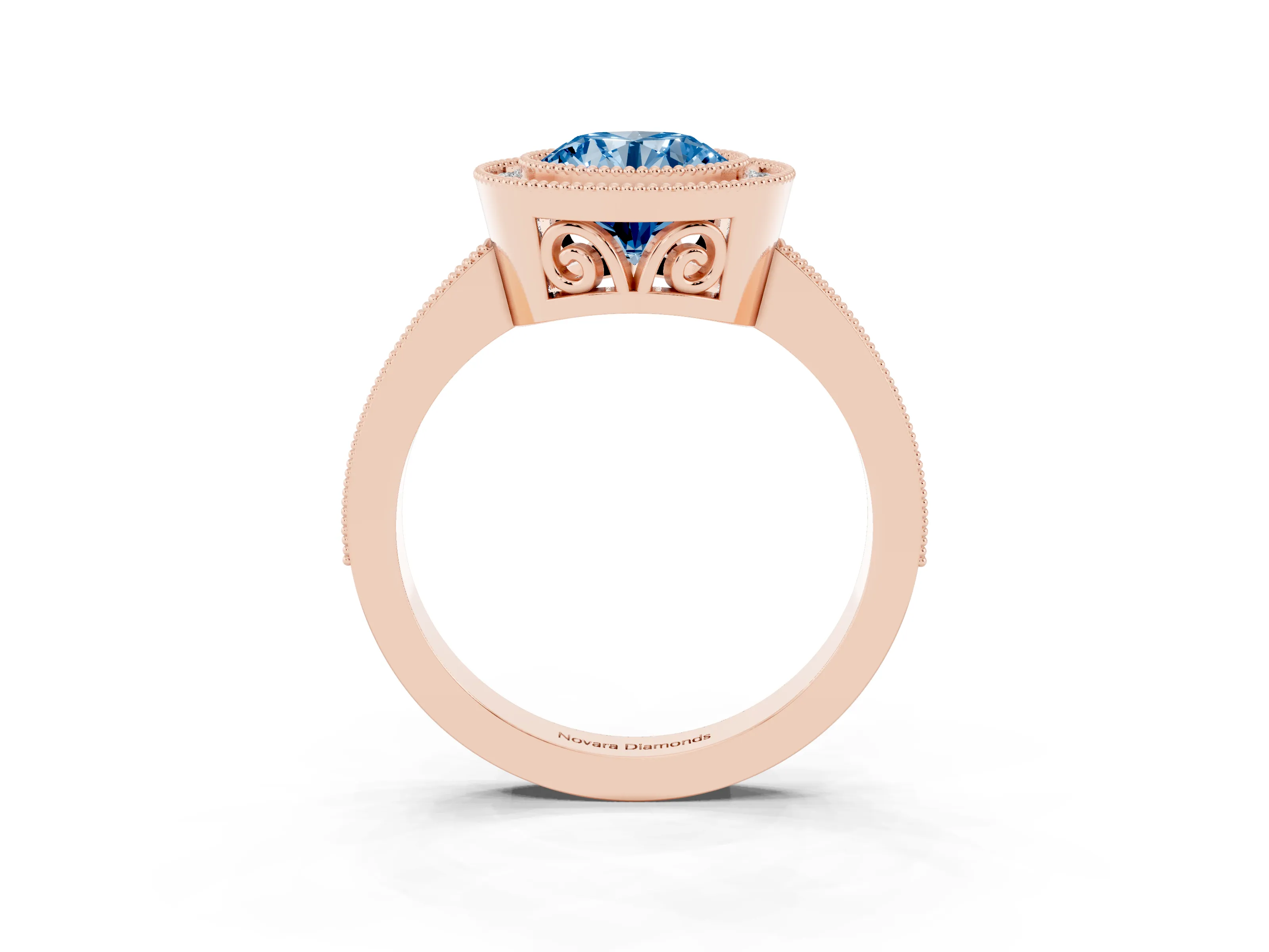 Fancy Blue Round Cut Diamond Halo Ring Set in Rose gold with Pavé Band and Milgrain-Edged Prongs