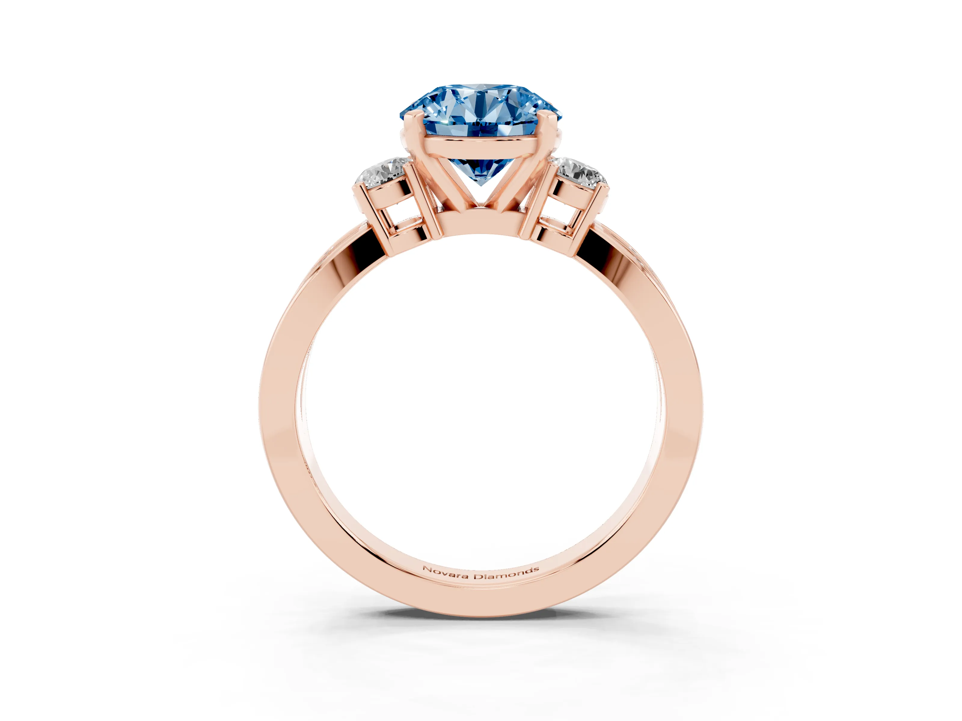 Fancy Blue Three-Stone Round Cut Diamond Twist Band Ring Set in Rose gold with Pavé Accents and Prong Setting