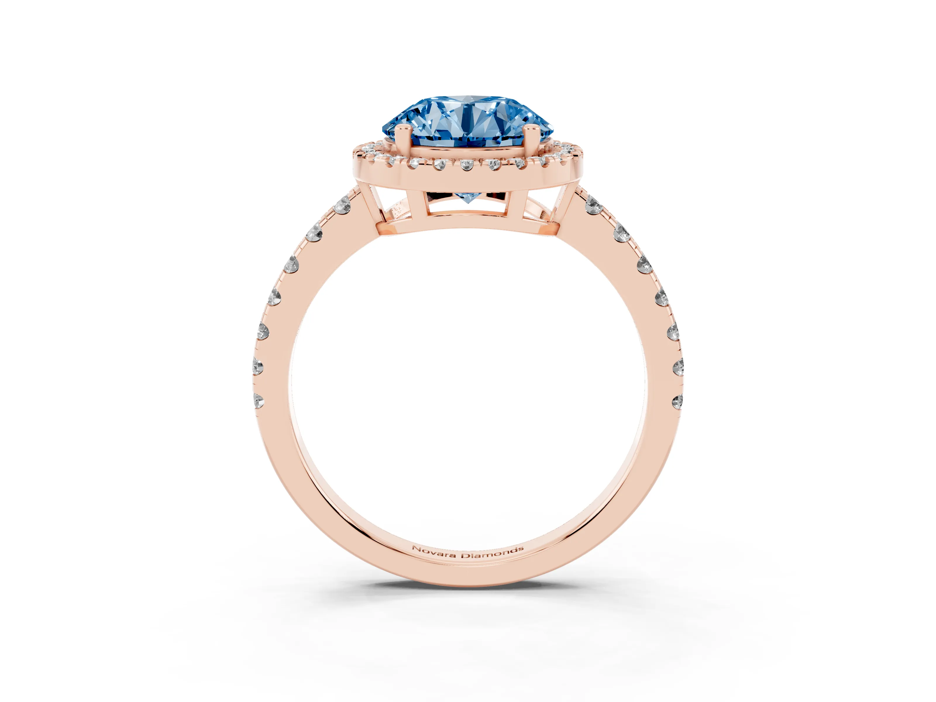 Fancy Blue Round Cut Diamond Halo Ring Set in Rose gold with Delicate Pavé Band and Prong Setting