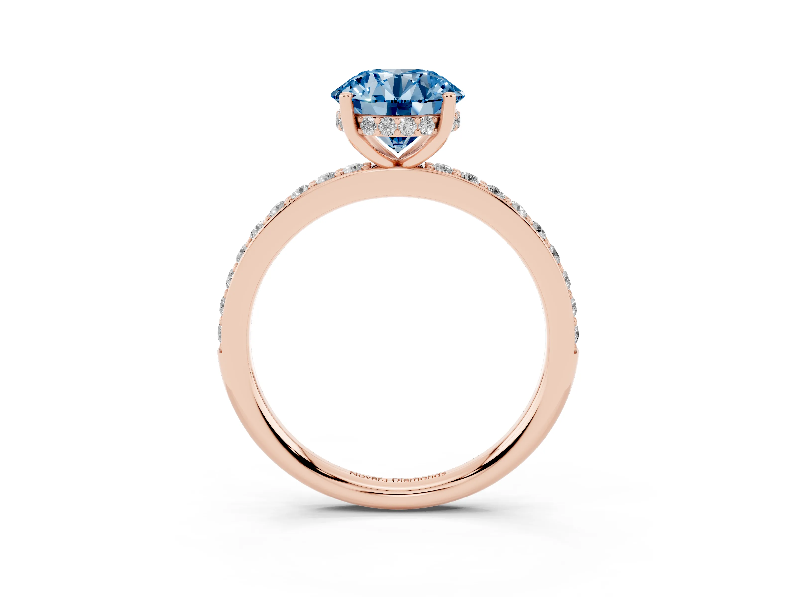 Fancy Blue Round Cut Diamond Pavé Band Ring Set in Rose gold with Prong-Set Center Stone
