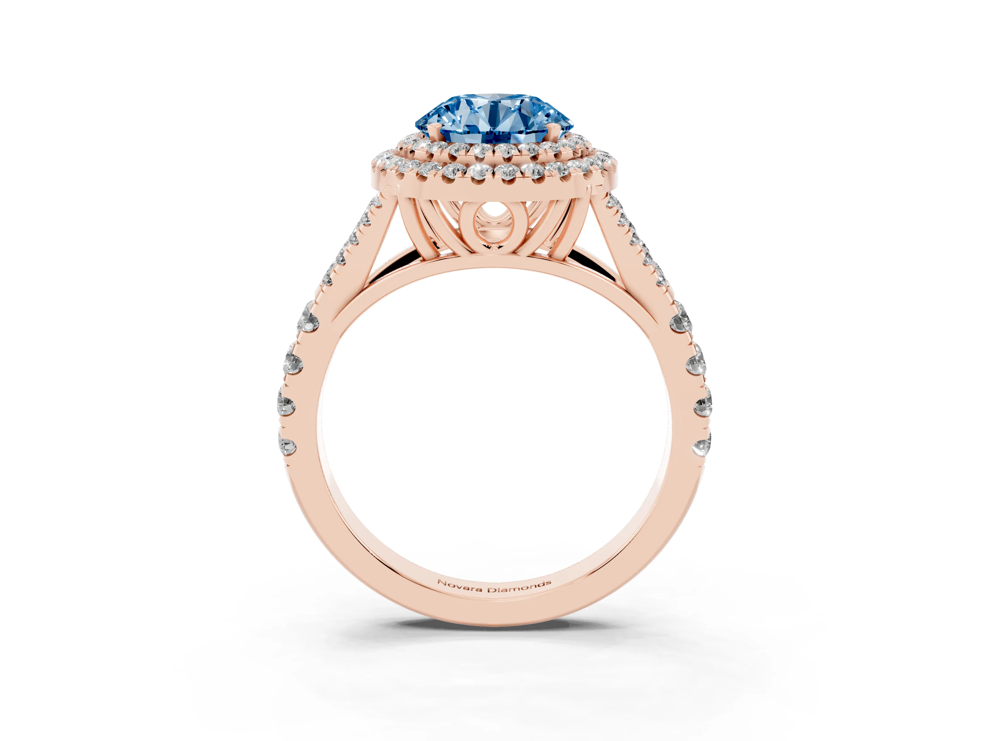 Fancy Blue Round Cut Diamond Pavé Split Shank Double Halo Engagement Ring Set in Rose gold