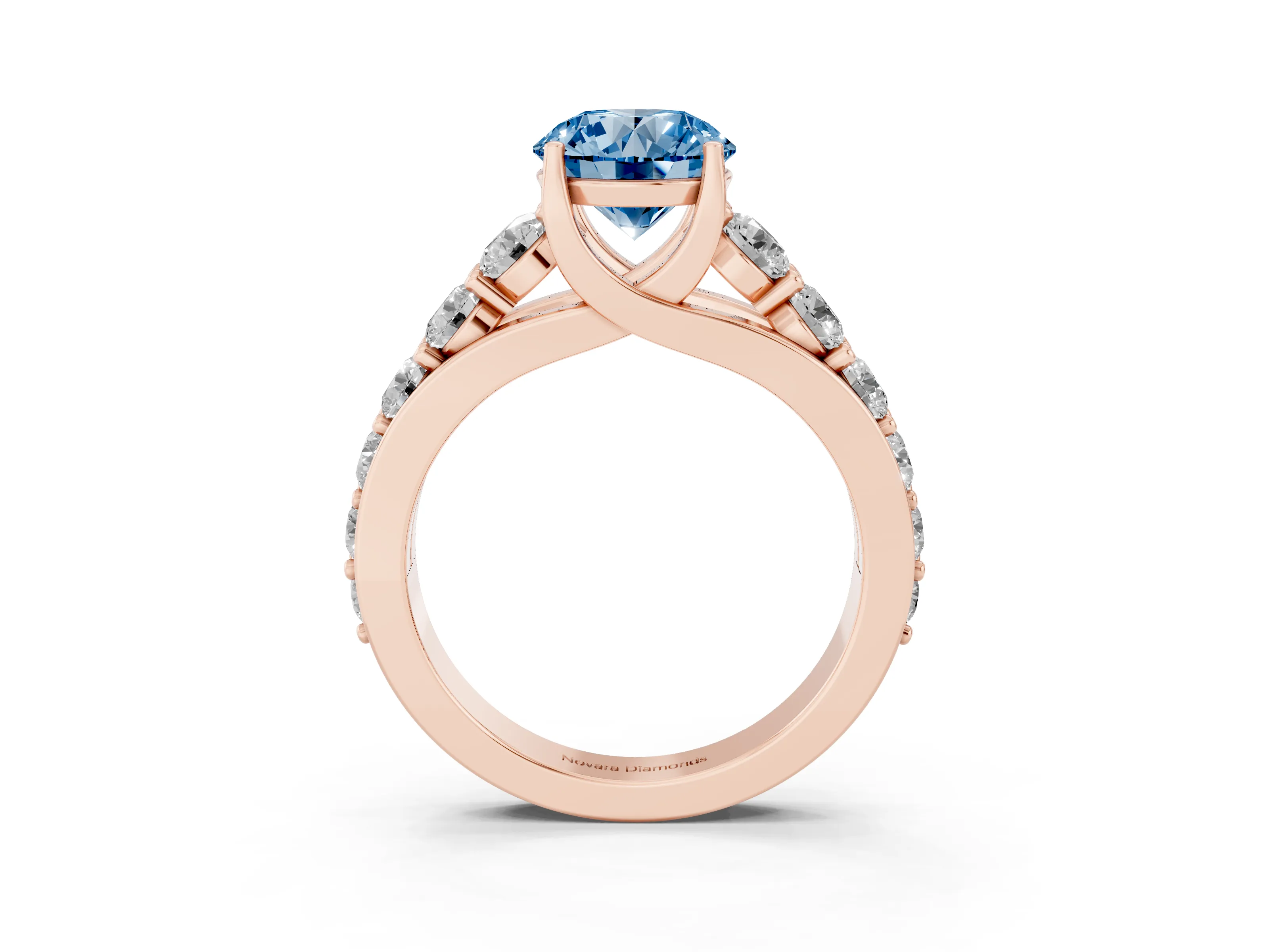 Fancy Blue Round Cut Diamond Pavé Engagement Ring Set in Rose gold with Prong Setting