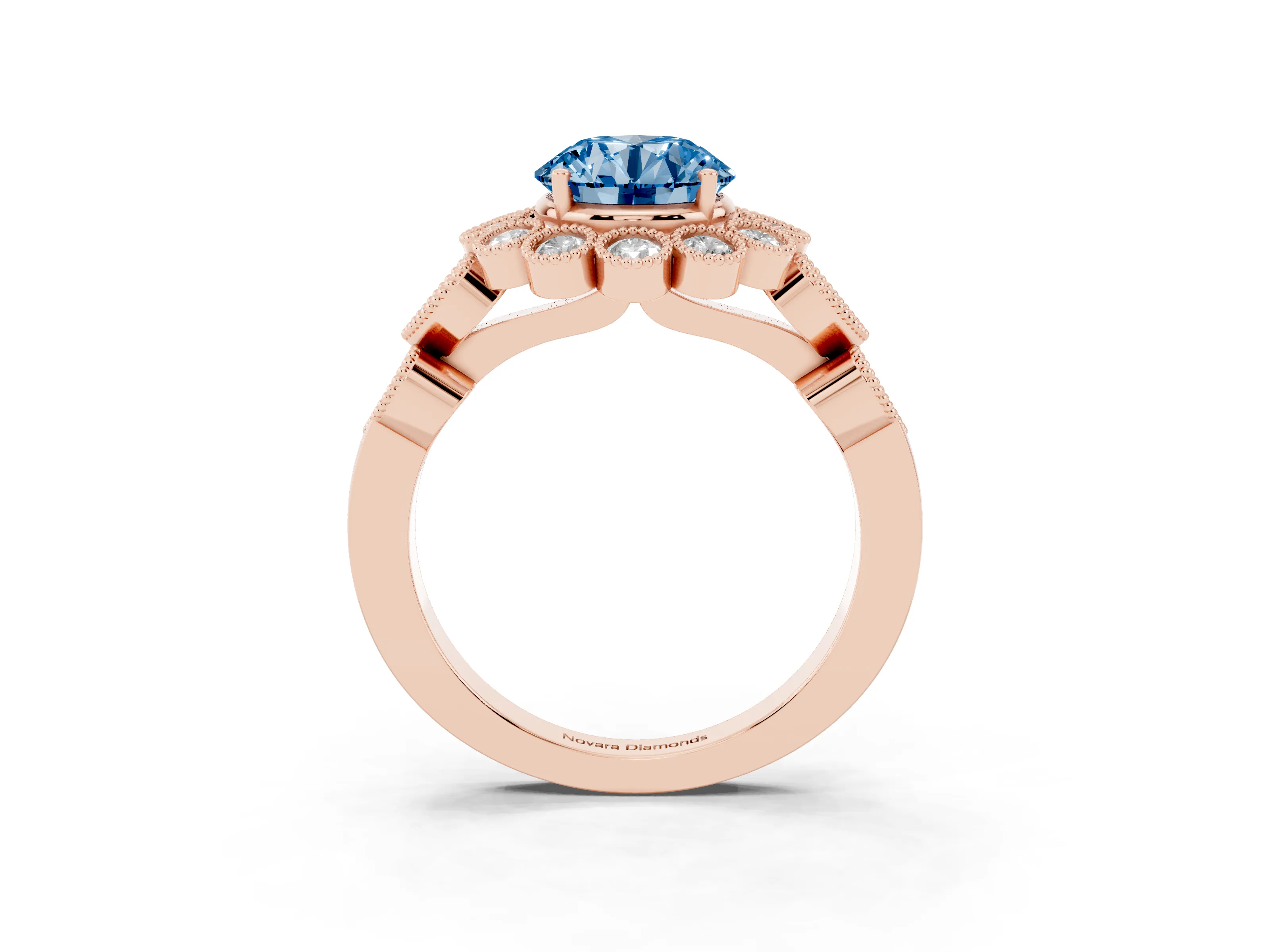 Fancy Blue Round Cut Diamond Solitaire Ring Set in Rose gold with Milgrain Pavé Heart Band