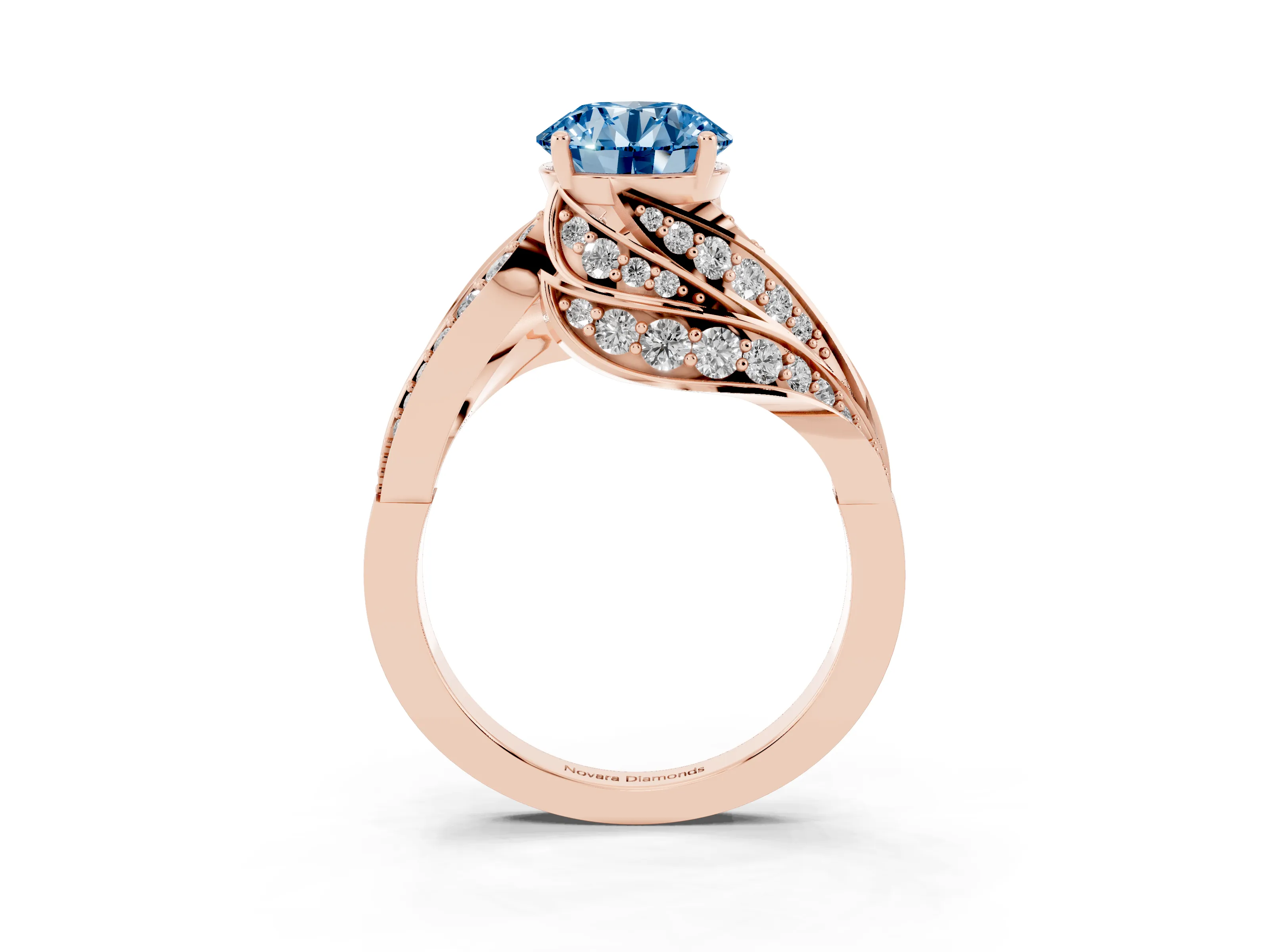 Fancy Blue Round Cut Diamond Solitaire Ring Set in Rose gold with Layered Twist Pavé Band