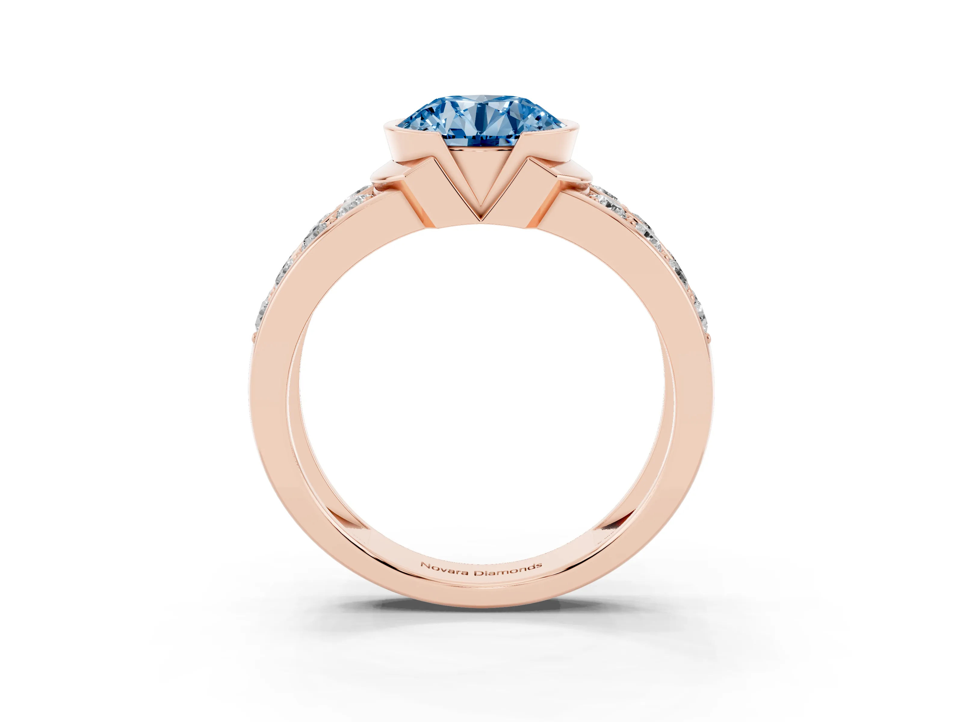 Fancy Blue Round Cut Diamond Wide Channel Set Band Ring Set in Rose gold with Bezel Setting