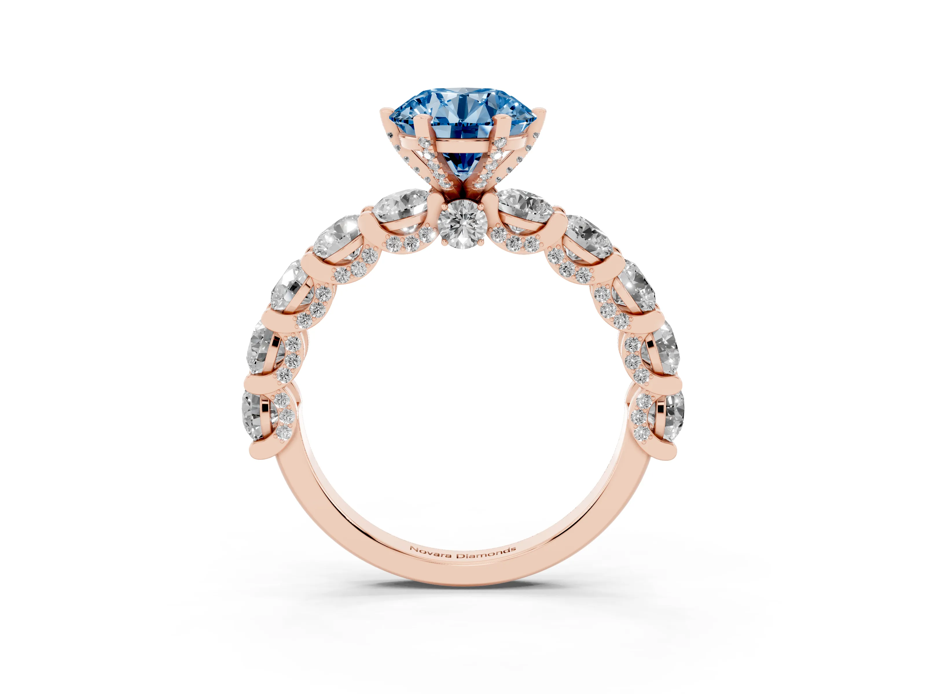 Fancy Blue Round Cut Diamond Side Stone Ring Set in Rose gold with Alternating Round and Oval Side Stones