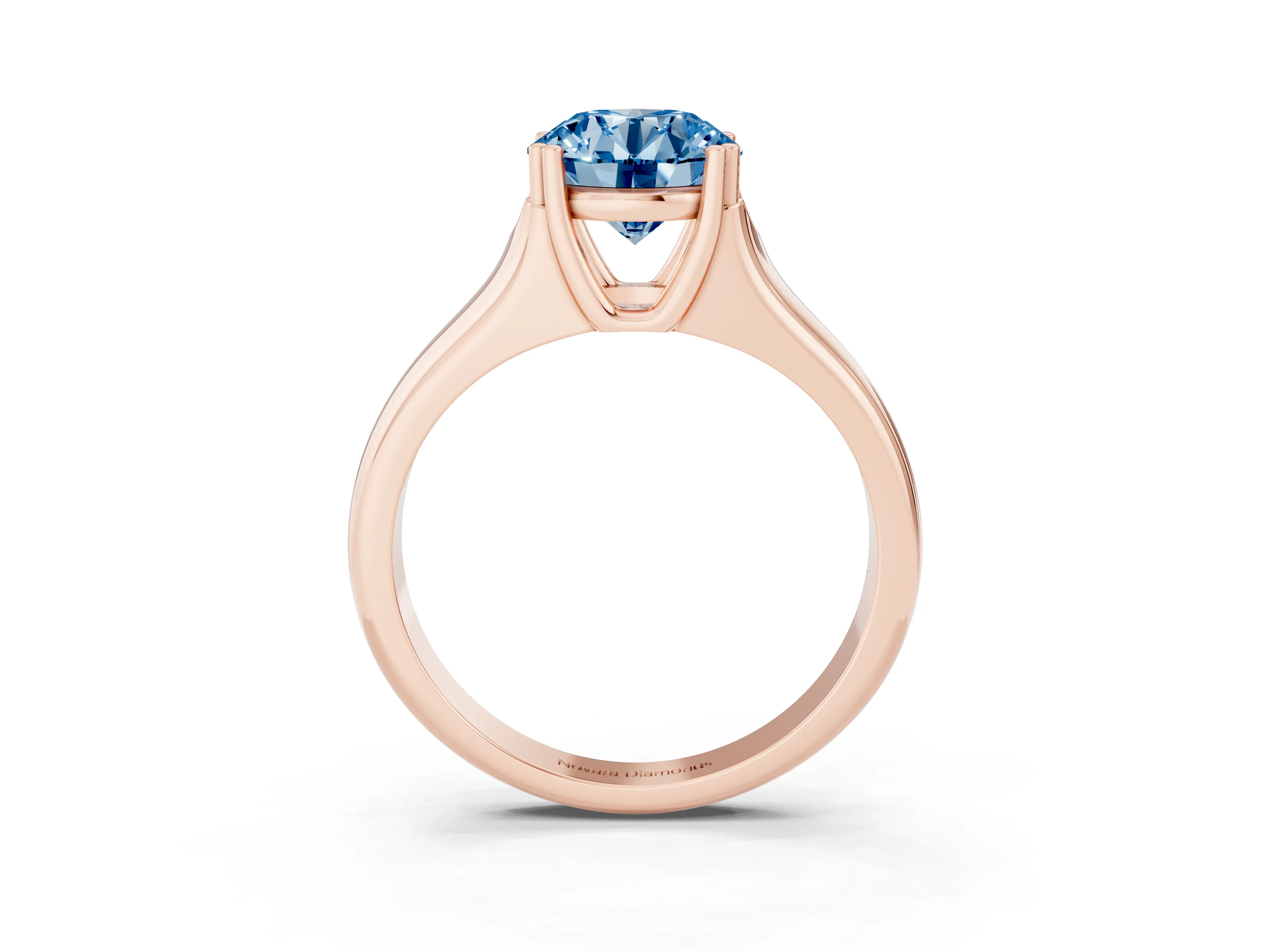 Fancy Blue Round Cut Diamond Solitaire Ring Set in Rose gold with Wide Band and Prong Setting