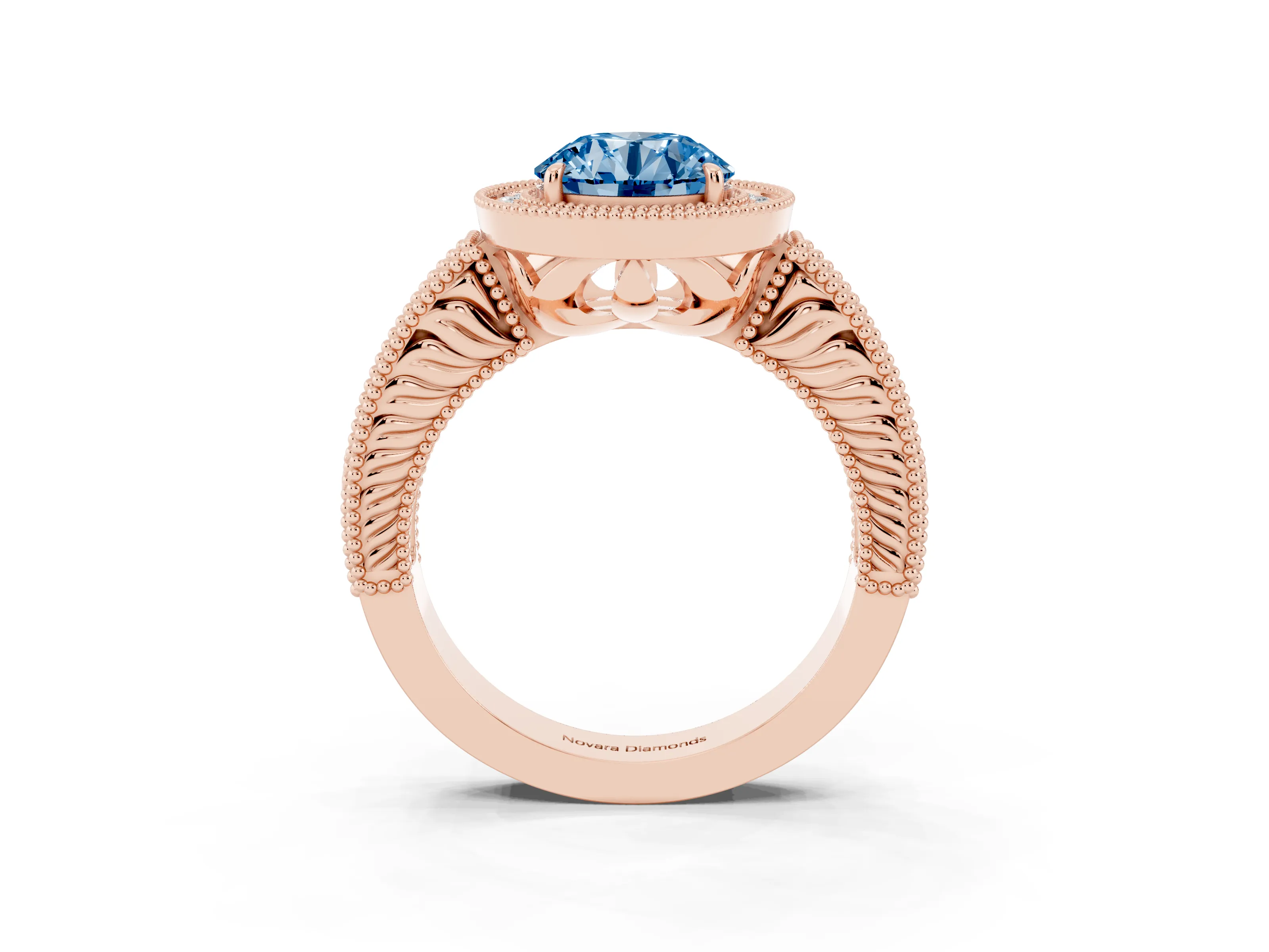 Fancy Blue Round Cut Diamond Halo Ring Set in Rose gold with Round Accent Halo, Pavé Band and Prong Setting