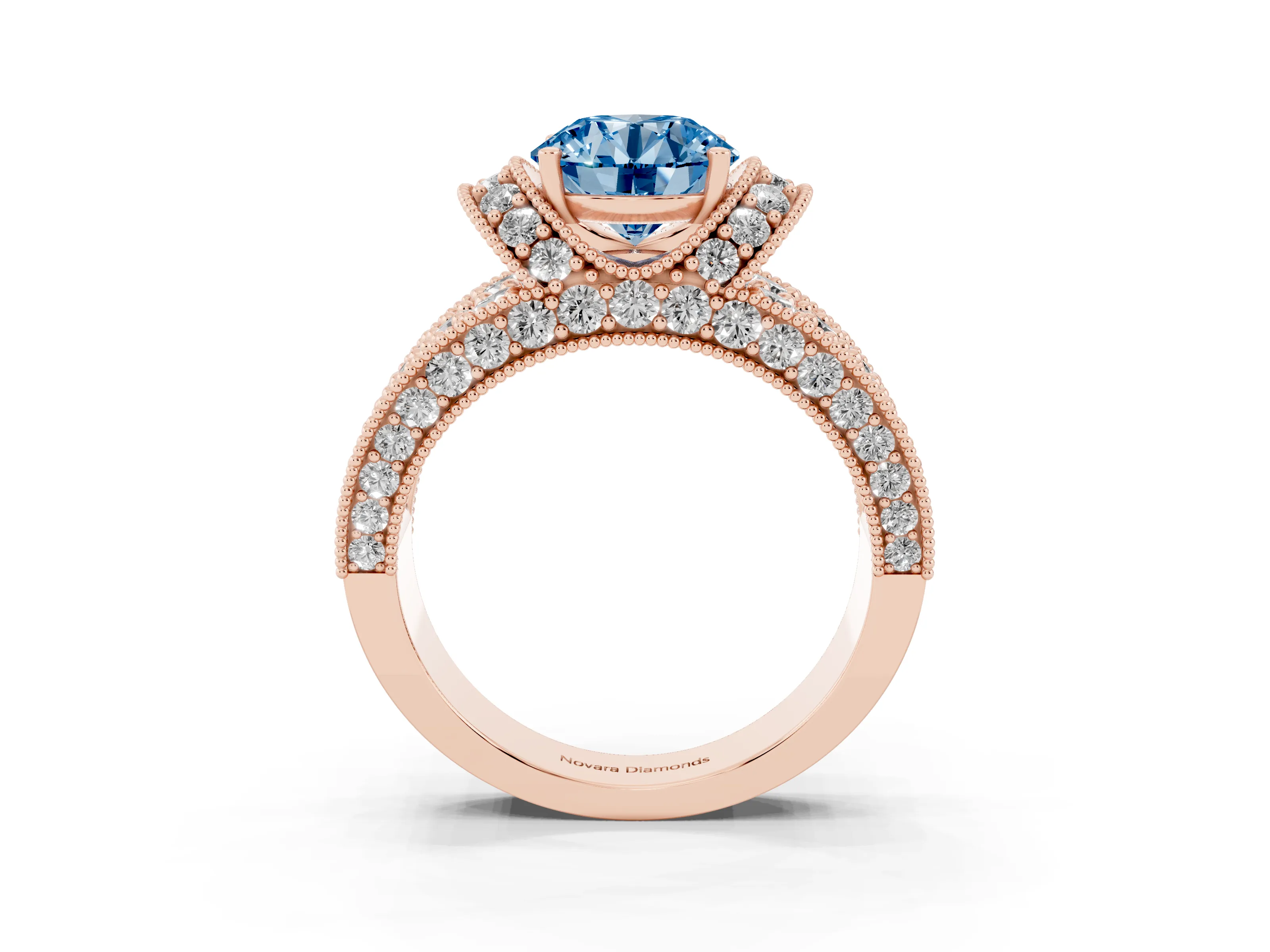 Fancy Blue Round Cut Diamond Milgrain Halo Pavé Engagement Ring Set in Rose gold with Prong Setting