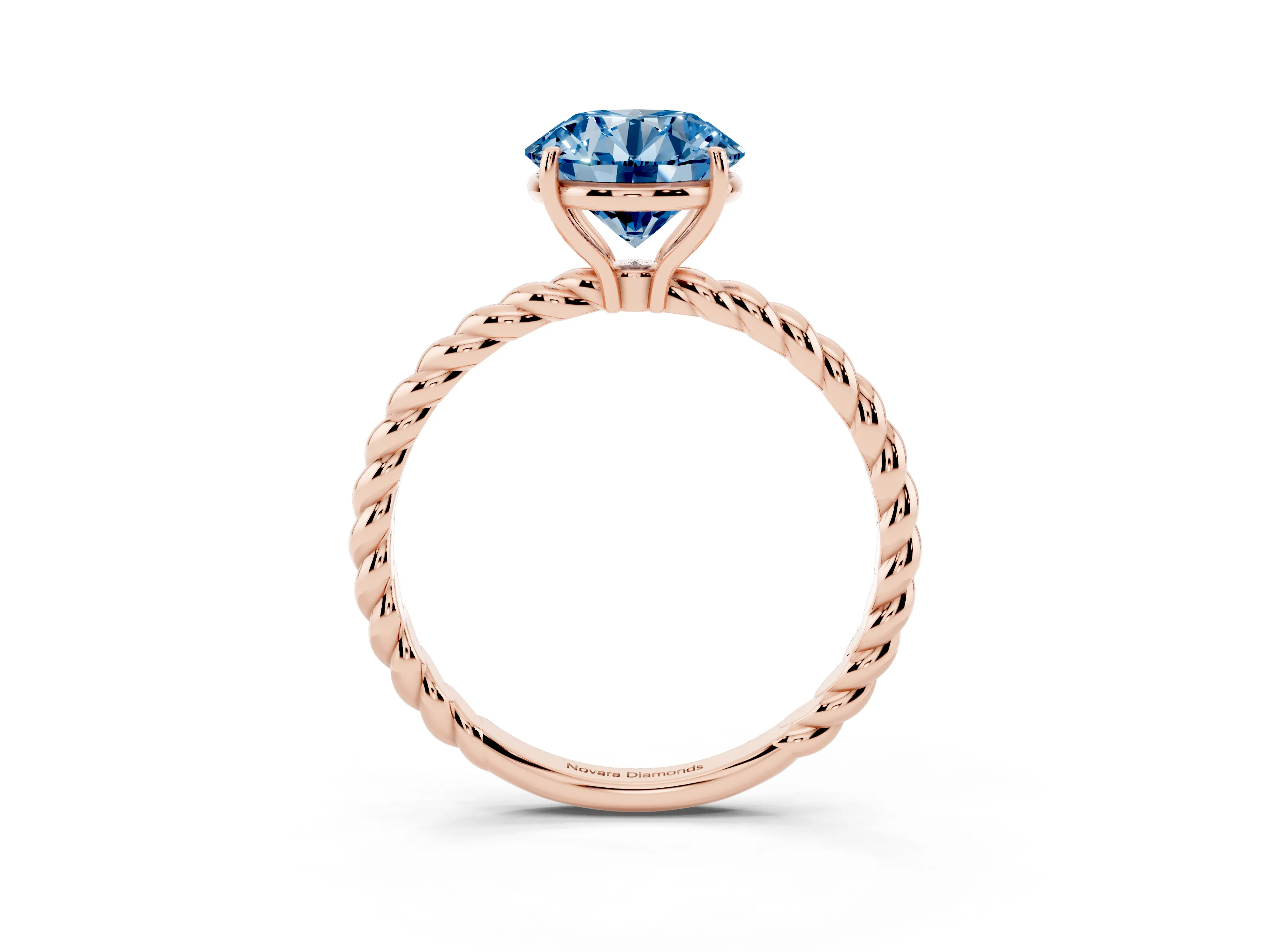 Fancy Blue Round Cut Diamond Solitaire Ring Set in Rose gold with Twist Band and Prong Setting