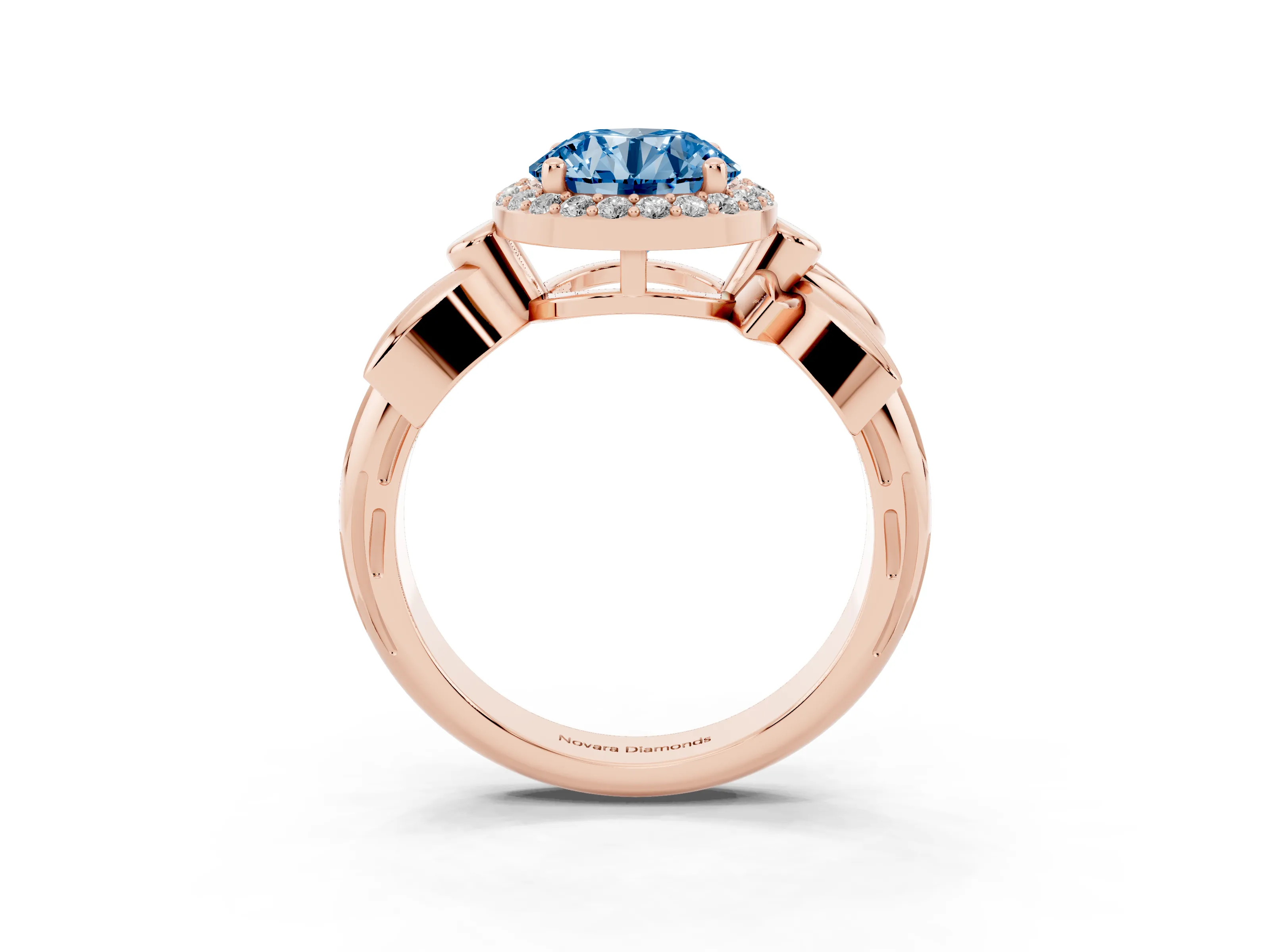 Fancy Blue Round Cut Diamond Halo Floral Band Ring Set in Rose gold with Prong Setting