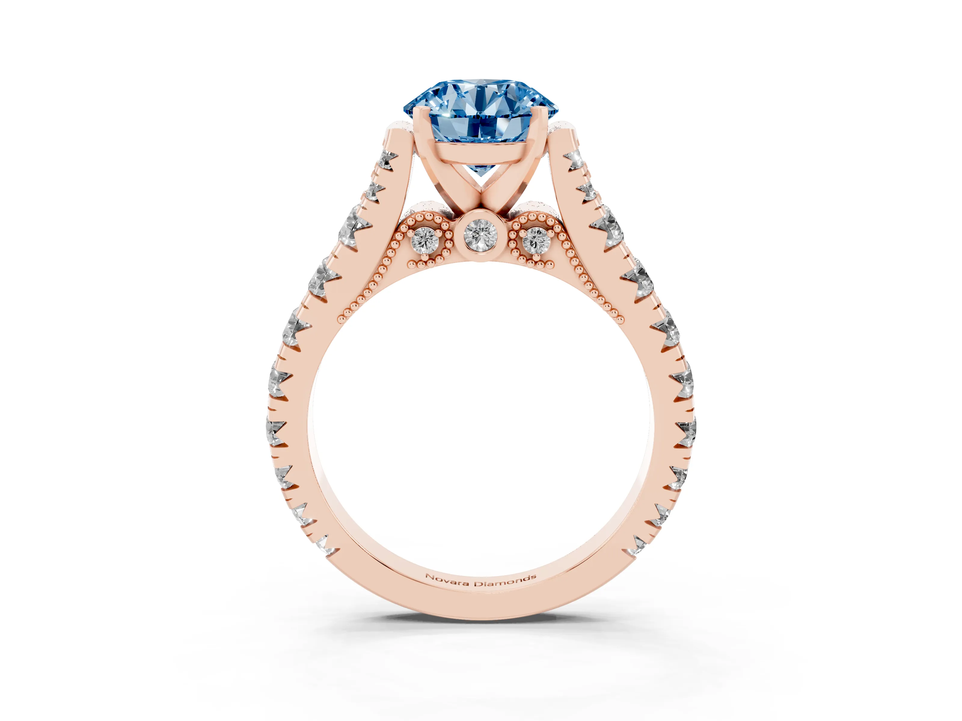 Fancy Blue Round Cut Diamond Classic Solitaire Ring Set in Rose gold with Pavé Band and Prong Setting