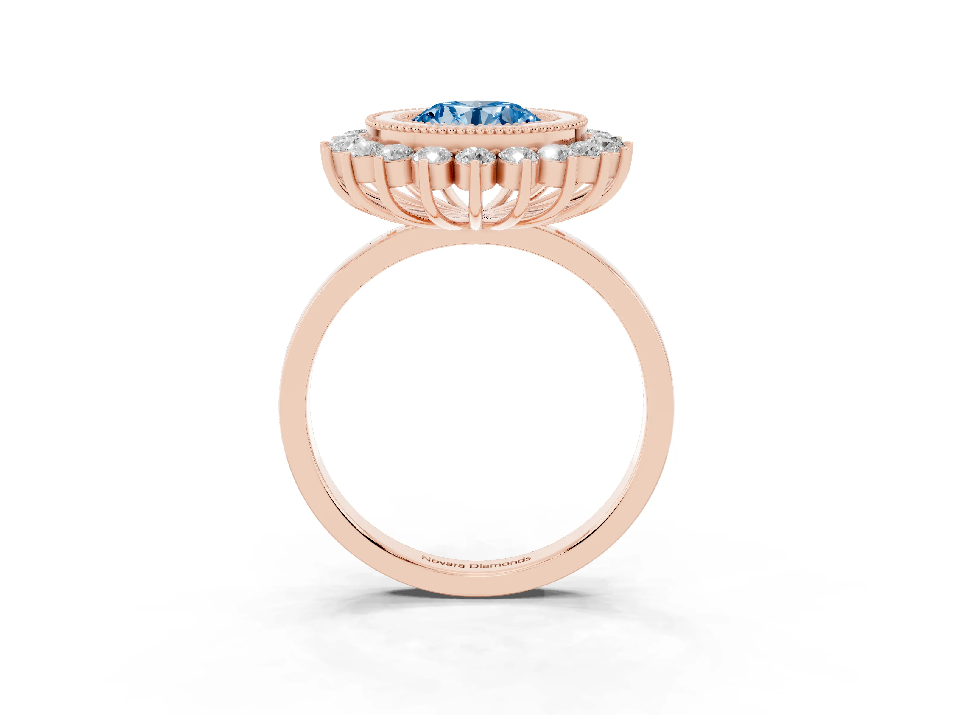 Fancy Blue Round Cut Diamond Halo Ring Set in Rose gold with Milgrain Edge and Round Prong Setting