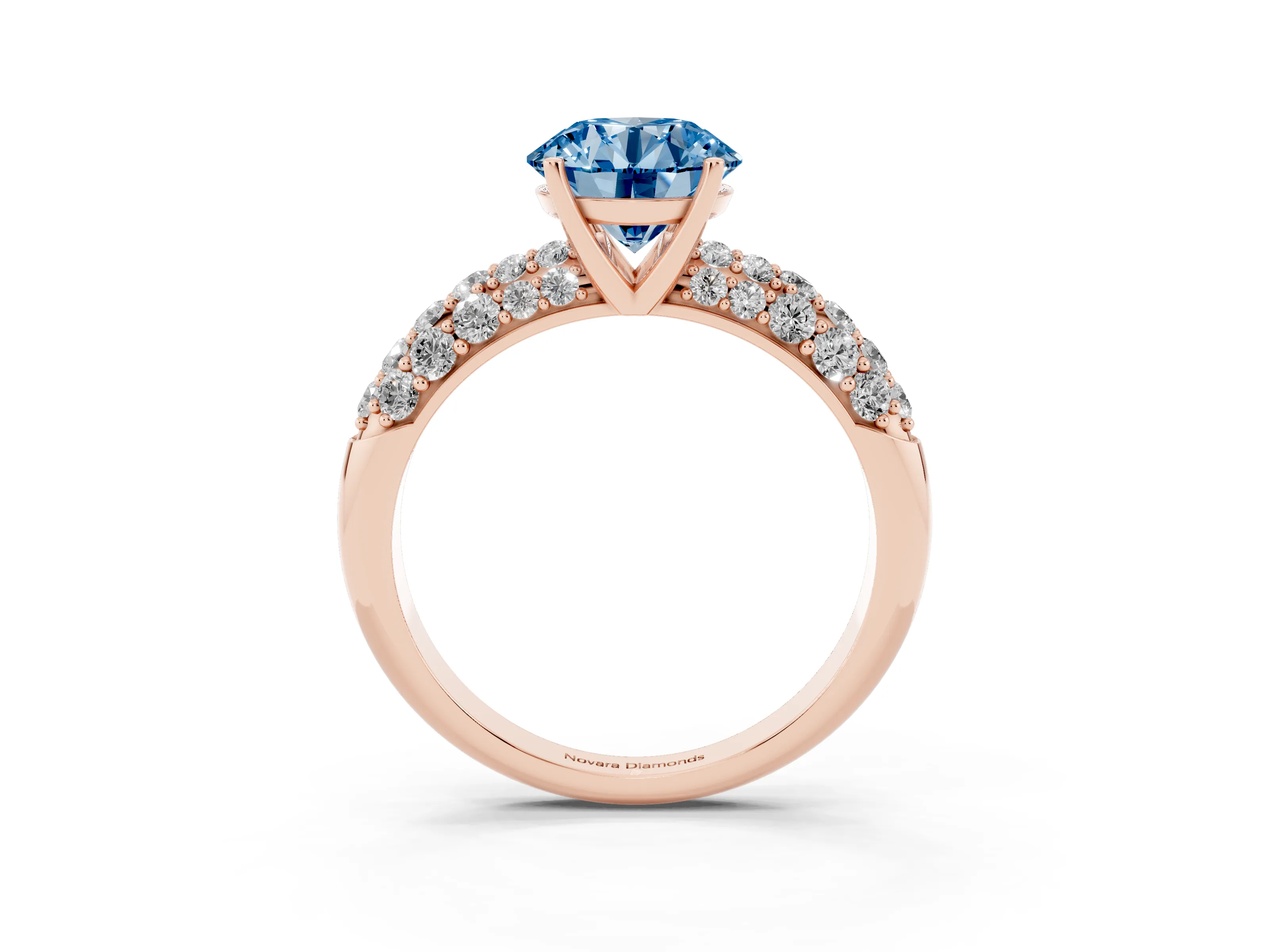 Fancy Blue Round Cut Diamond Pavé Band Solitaire Ring Set in Rose gold with Close-Set Accent Stones and Prong Setting
