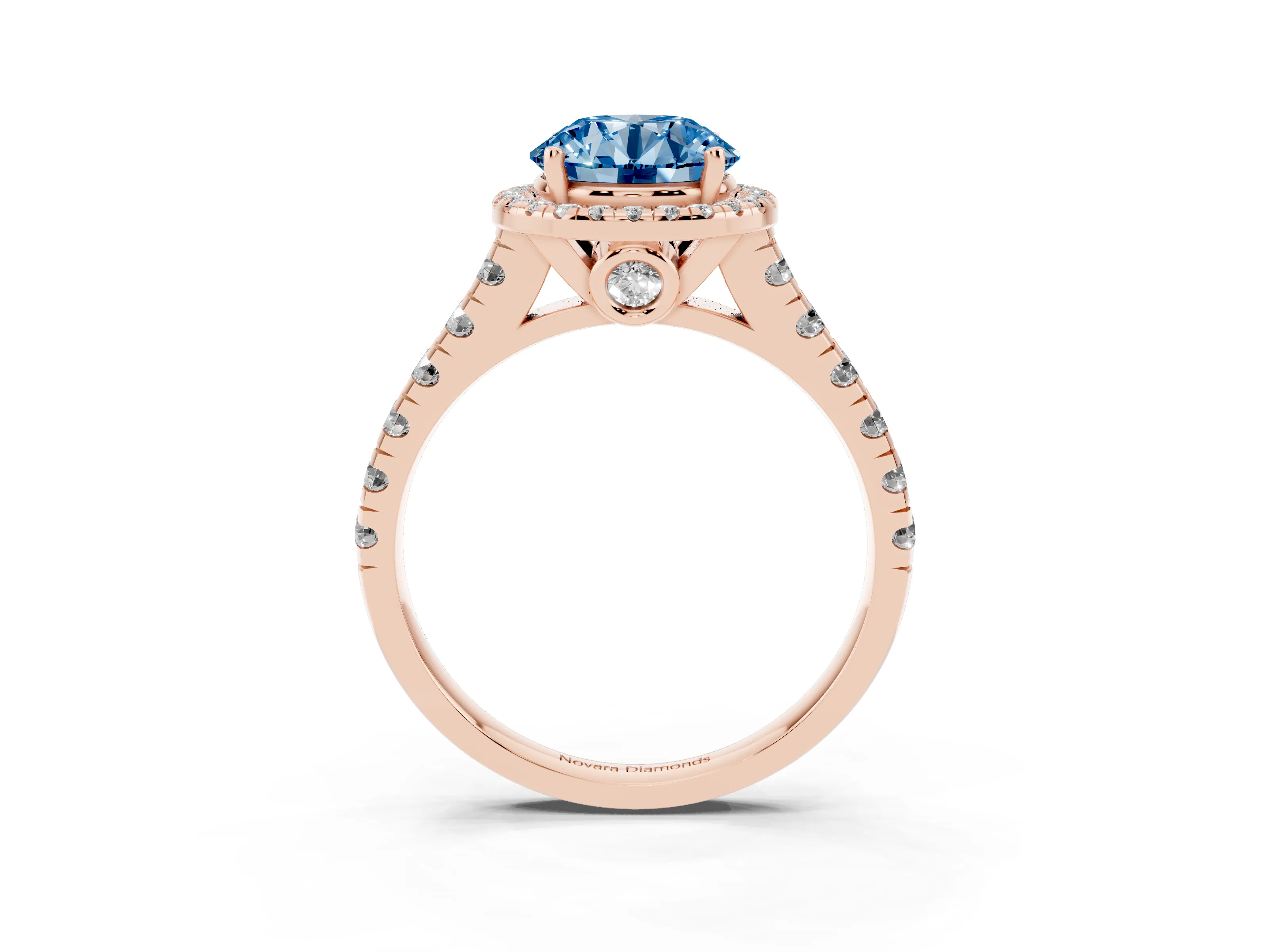Fancy Blue Round Cut Diamond Halo Engagement Ring Set in Rose gold with Pavé Band and Prong-Set Center