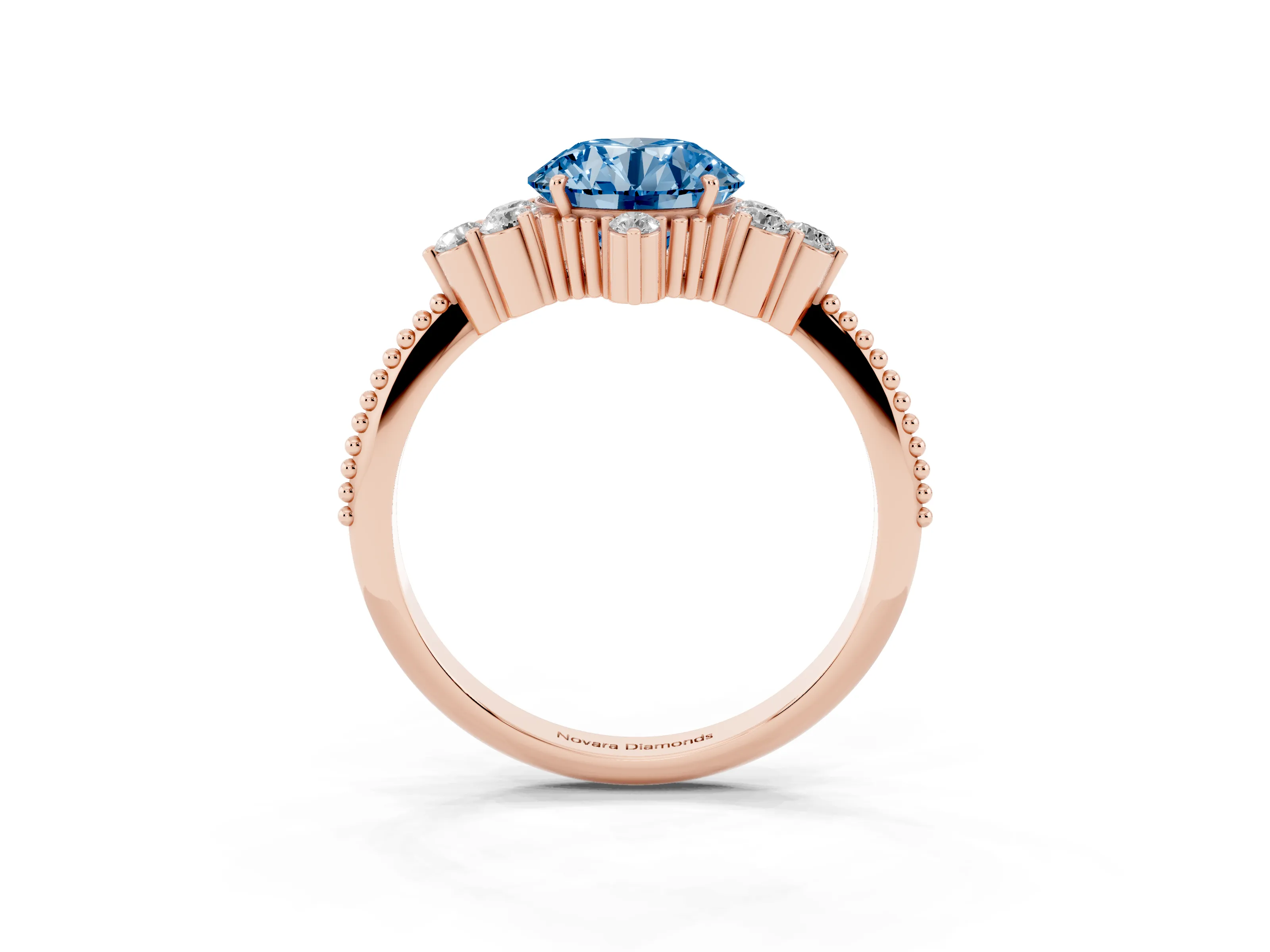 Fancy Blue Round Cut Diamond Cluster Ring Set in Rose gold with Beaded Band