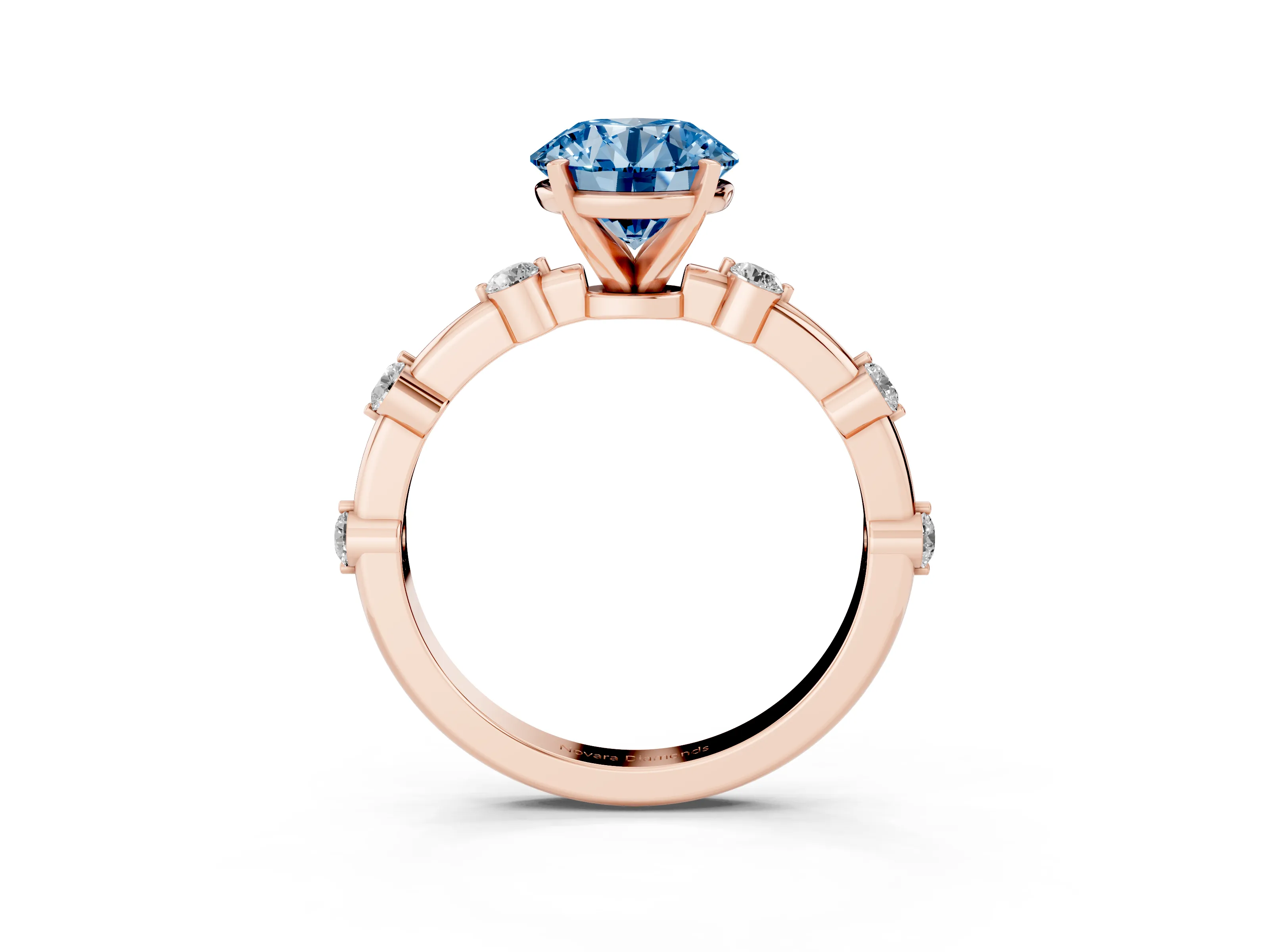 Fancy Blue Round Cut Diamond Solitaire Ring Set in Rose gold with Bezel Set Side Stones and Prong Setting