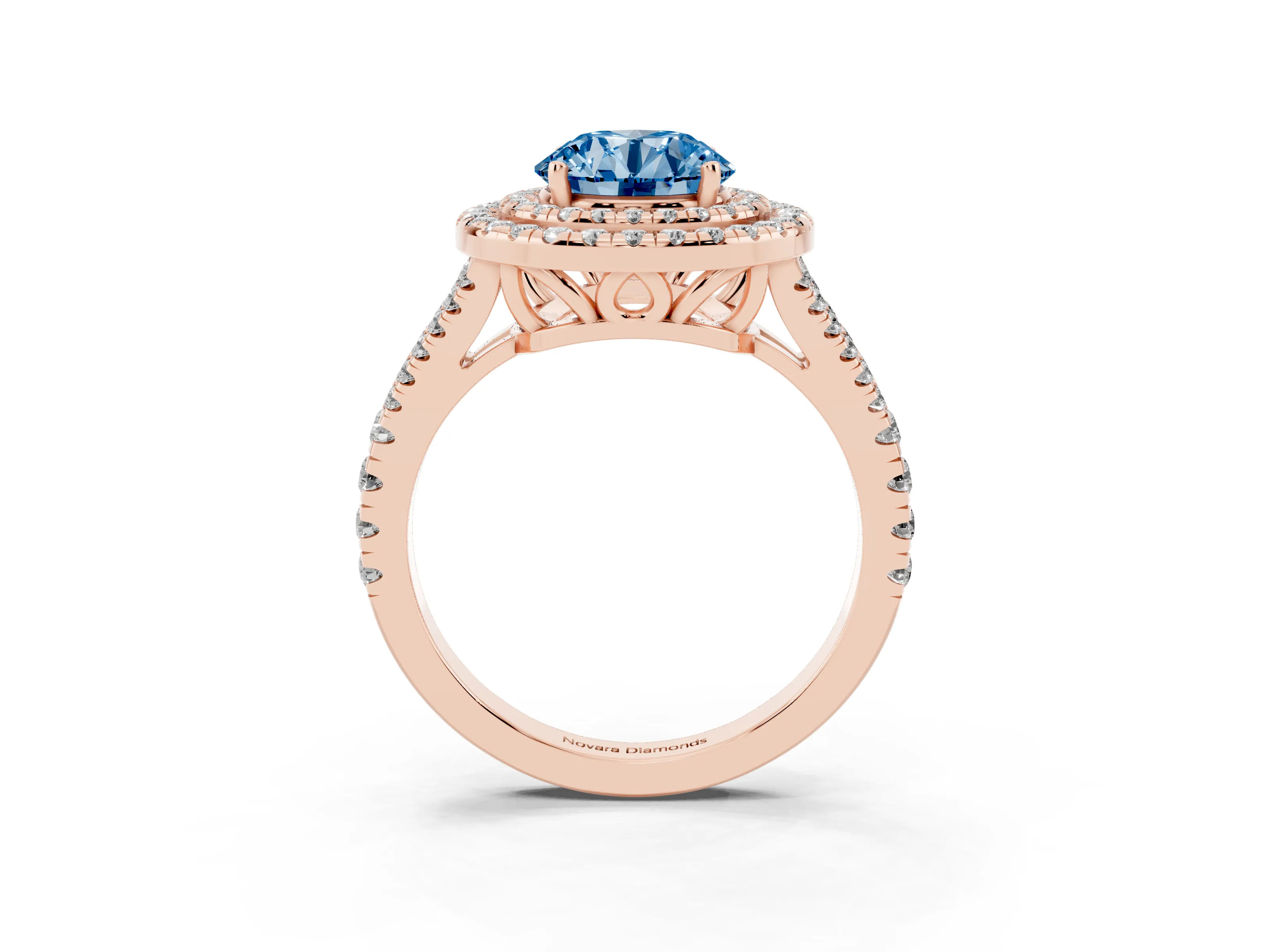 Fancy Blue Round Cut Diamond Double Halo Ring Set in Rose gold with Pavé Band