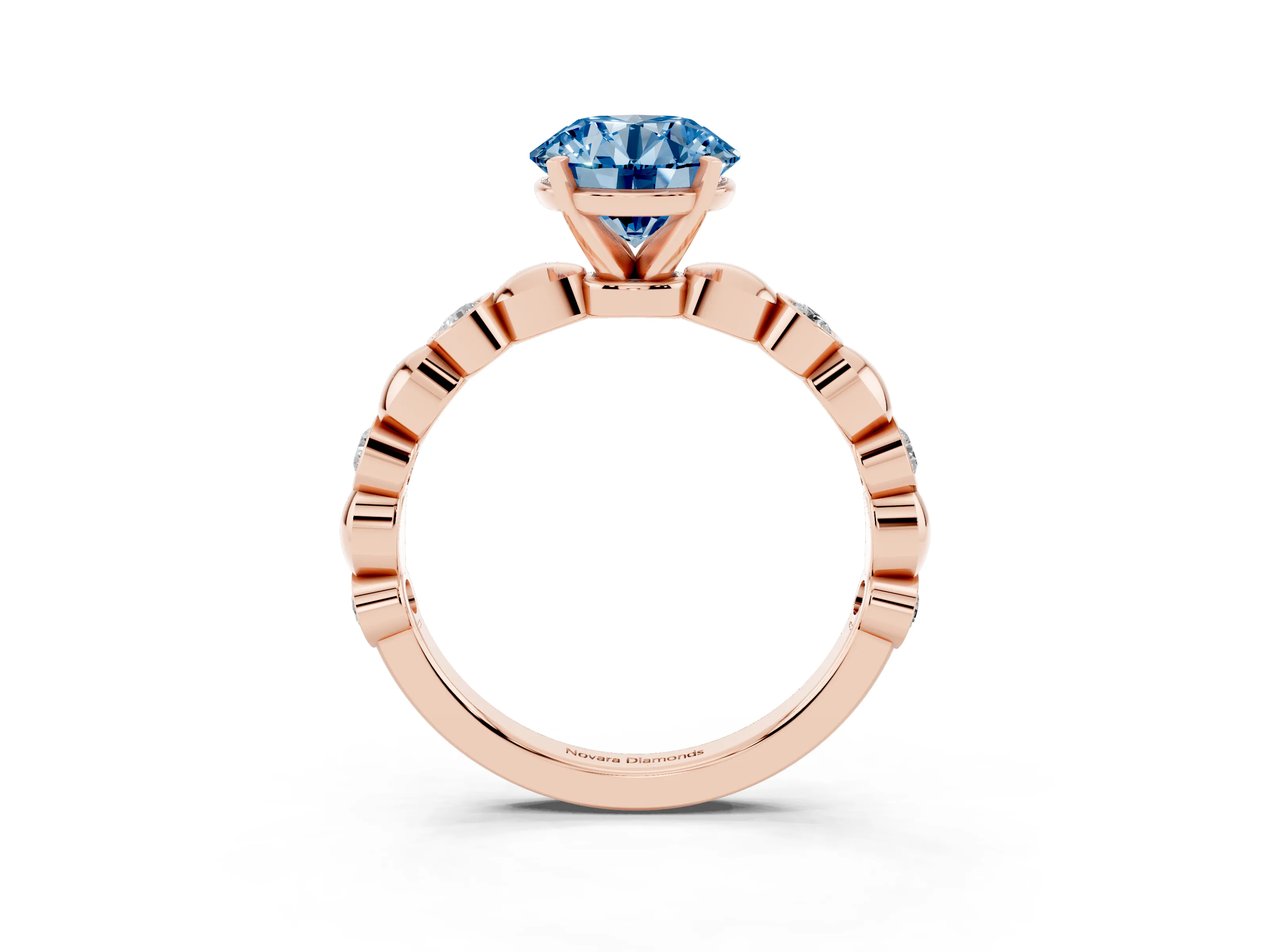 Fancy Blue Round Cut Diamond Solitaire Ring Set in Rose gold with Bezel-Set Accents on Beaded Band and Prong Setting