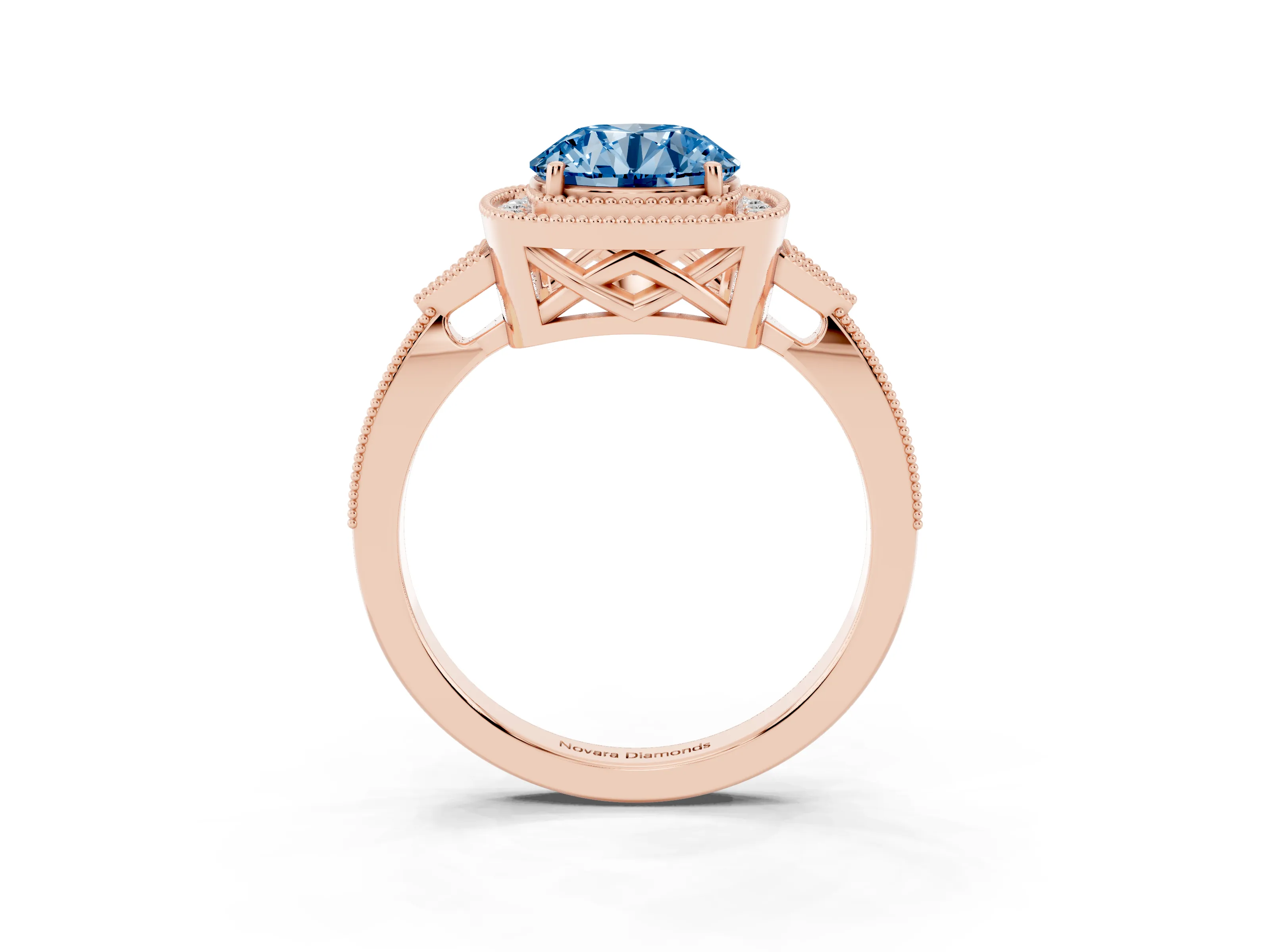 Fancy Blue Round Cut Diamond Halo Engagement Ring Set in Rose gold with Milgrain Pavé Band