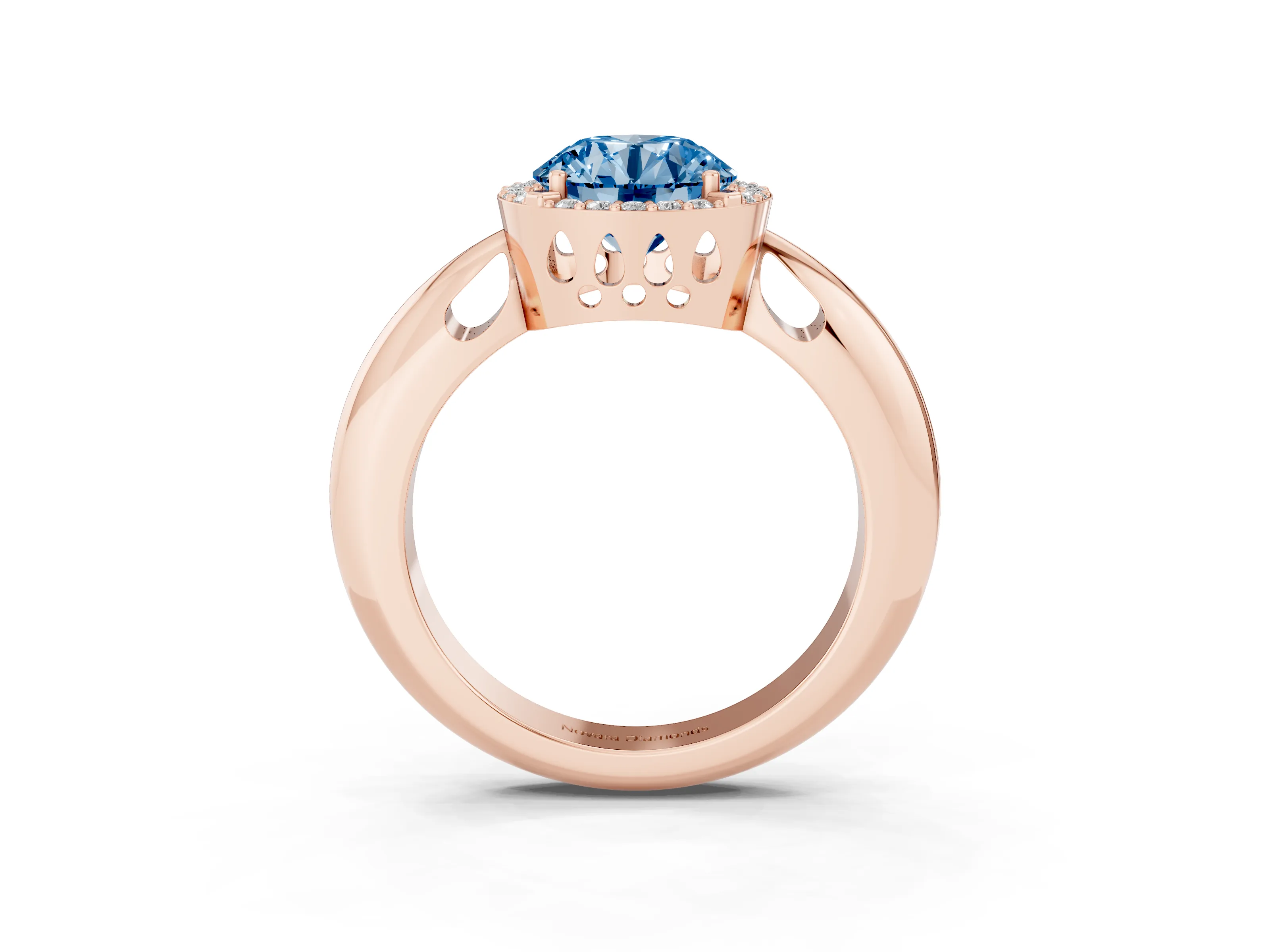 Fancy Blue Round Cut Diamond Halo Engagement Ring Set in Rose gold with Plain Split Shank and Prong Setting