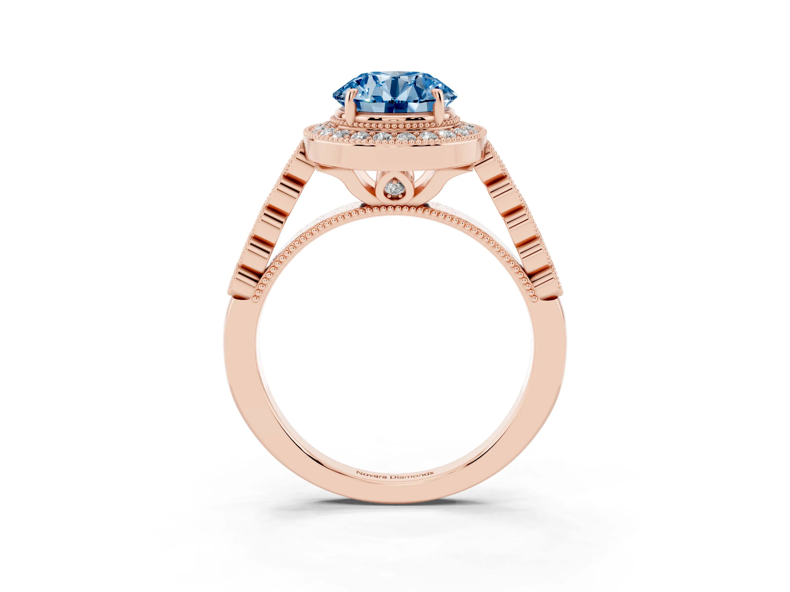 Fancy Blue Round Cut Diamond Milgrain Halo Solitaire Ring Set in Rose gold with Bezel Set Side Stones and Pavé Band