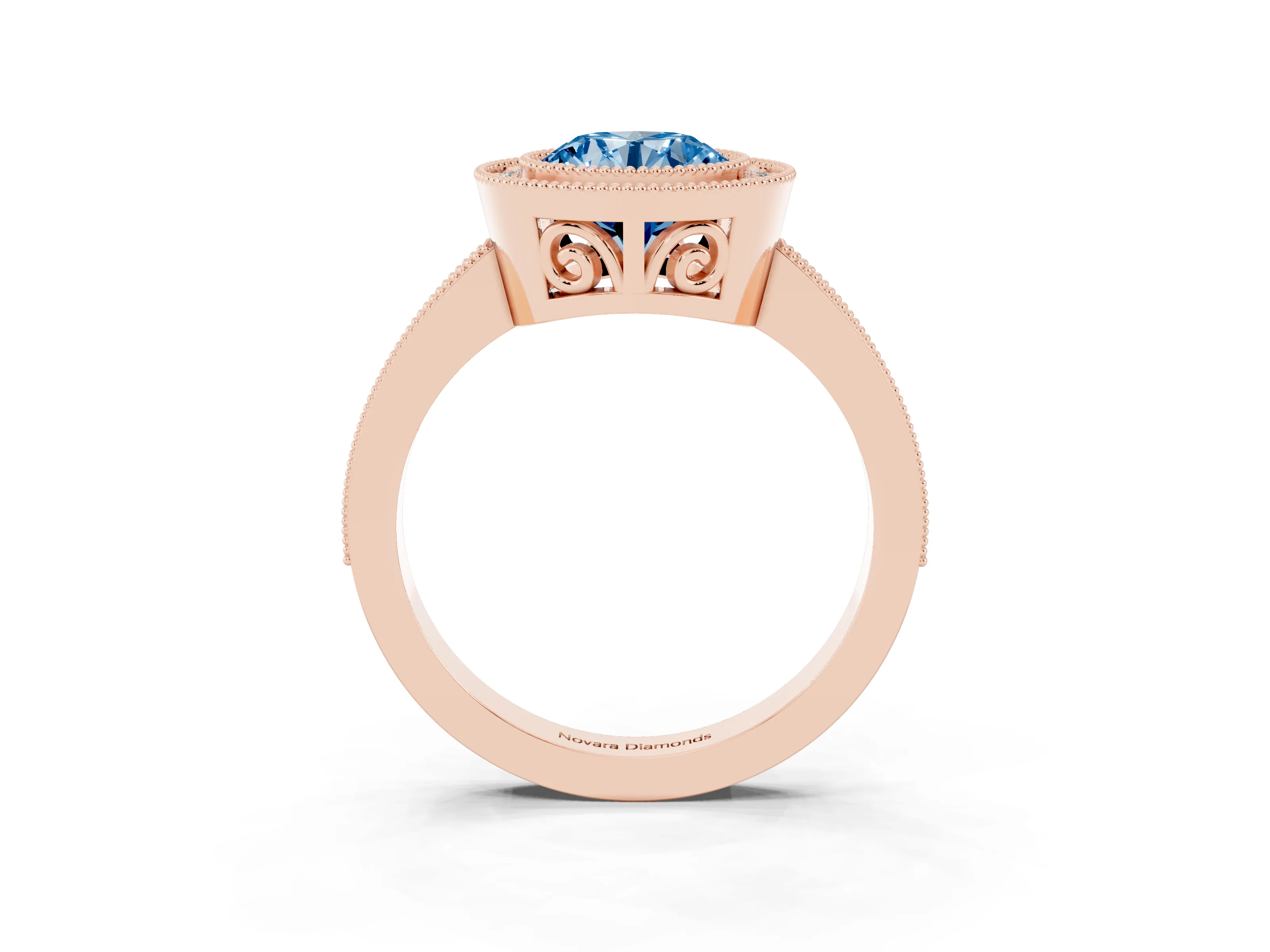 Fancy Blue Round Cut Diamond Round Halo Ring Set in Rose gold with Pavé Band