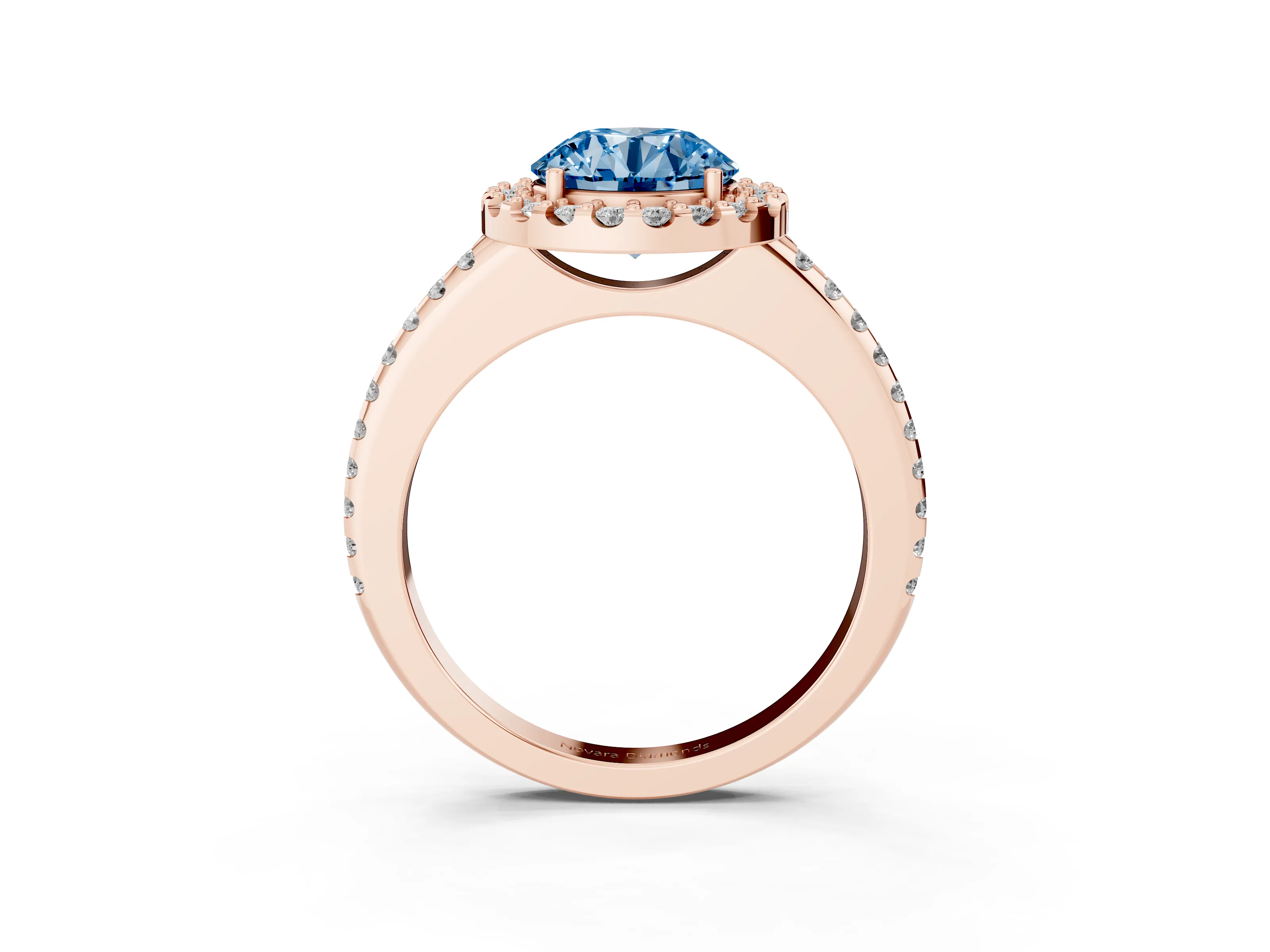Fancy Blue Round Cut Diamond Pavé Halo Ring Set in Rose gold with Prong Setting