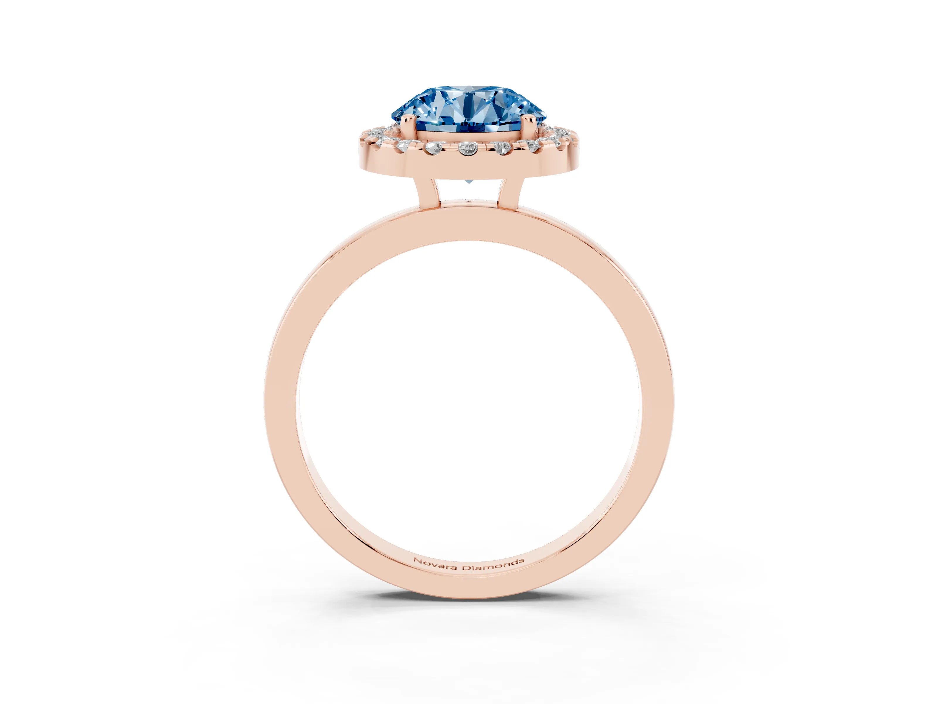 Fancy Blue Round Cut Diamond Halo Solitaire Ring Set in Rose gold with Pavé Band and Prong Setting