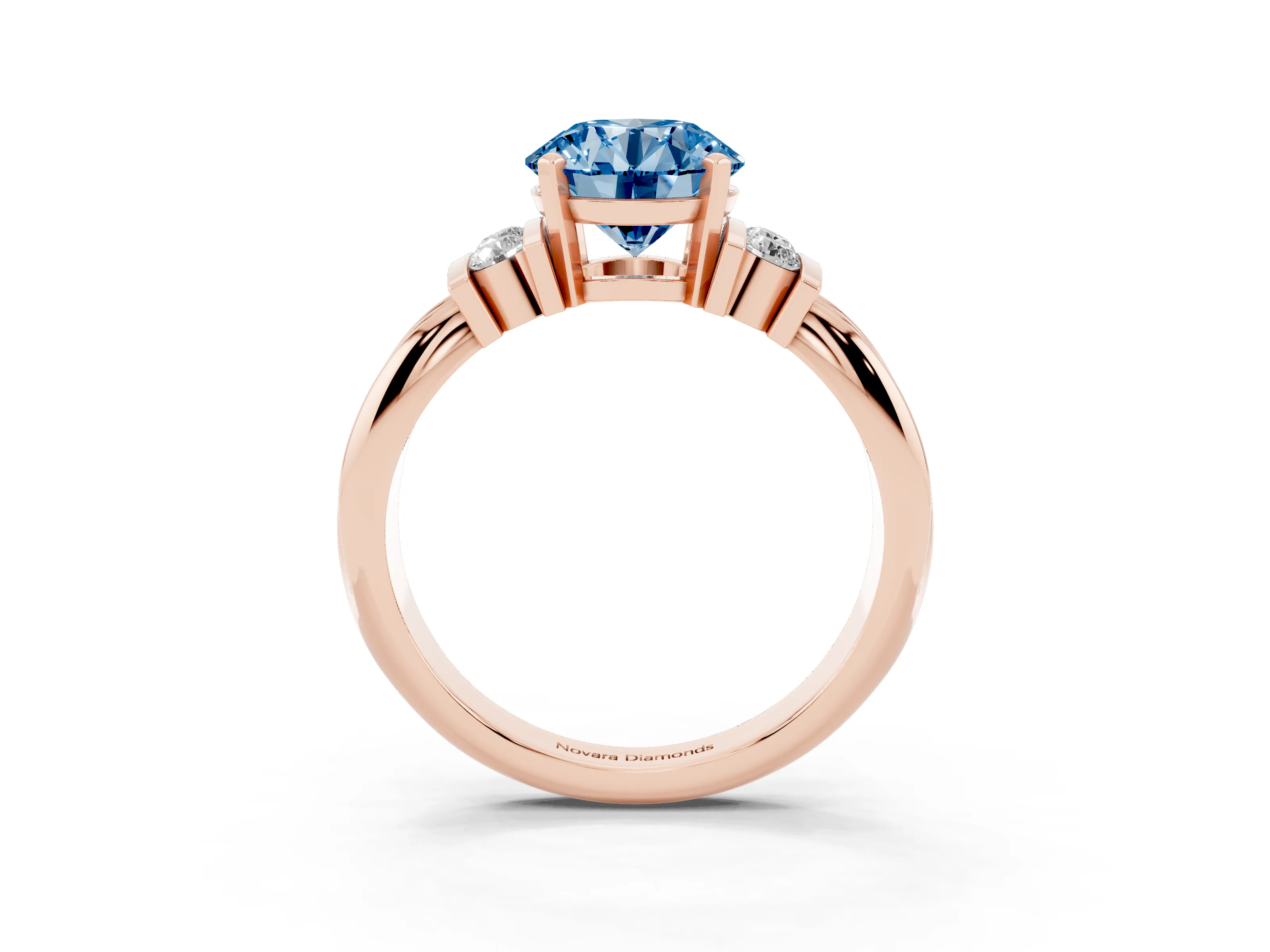 Fancy Blue Three-Stone Round Cut Diamond Channel Set Ring Set in Rose gold with Bar Prongs