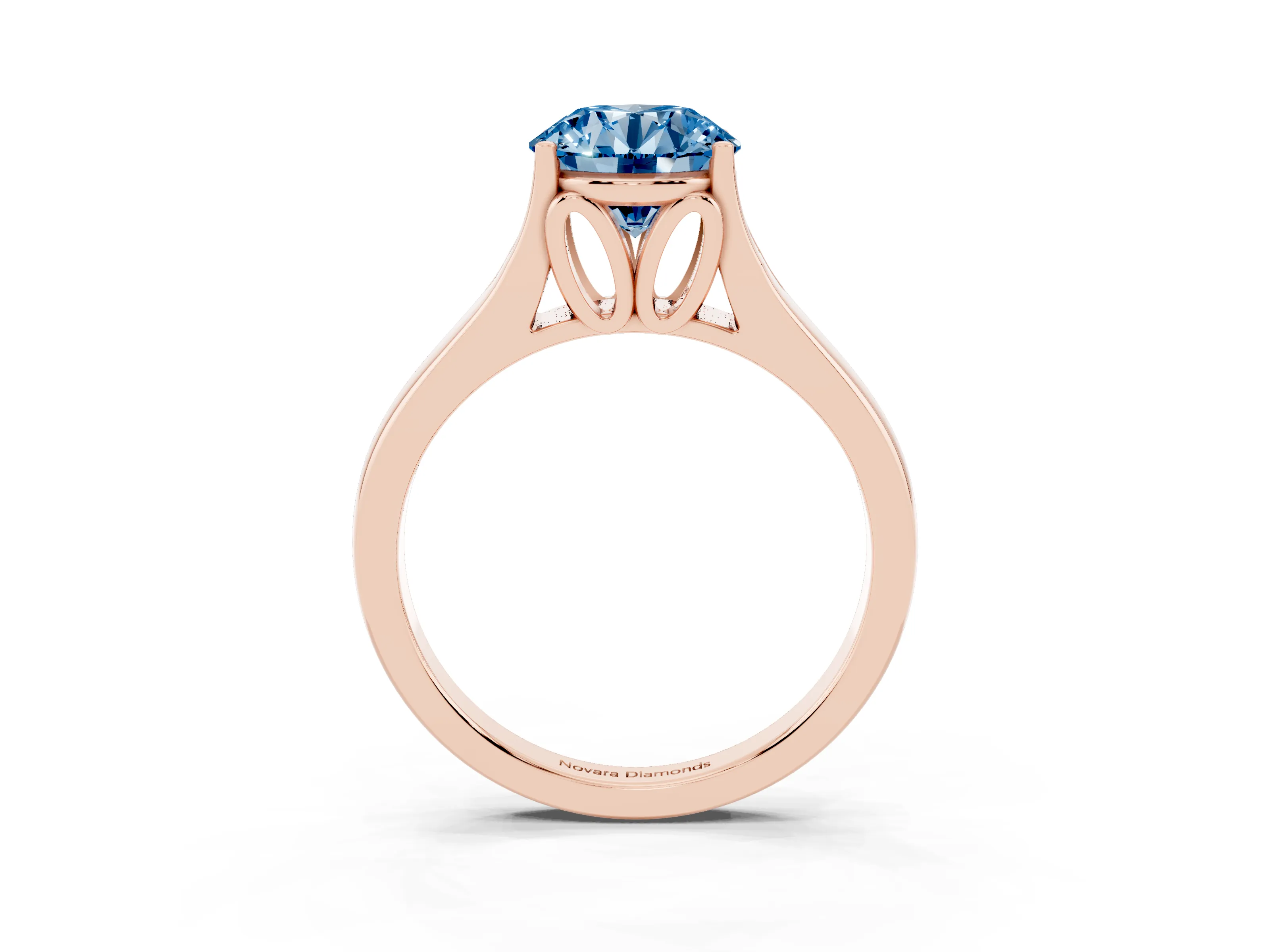Fancy Blue Round Cut Diamond Solitaire Ring Set in Rose gold with Arched Cathedral Band and Prong Setting