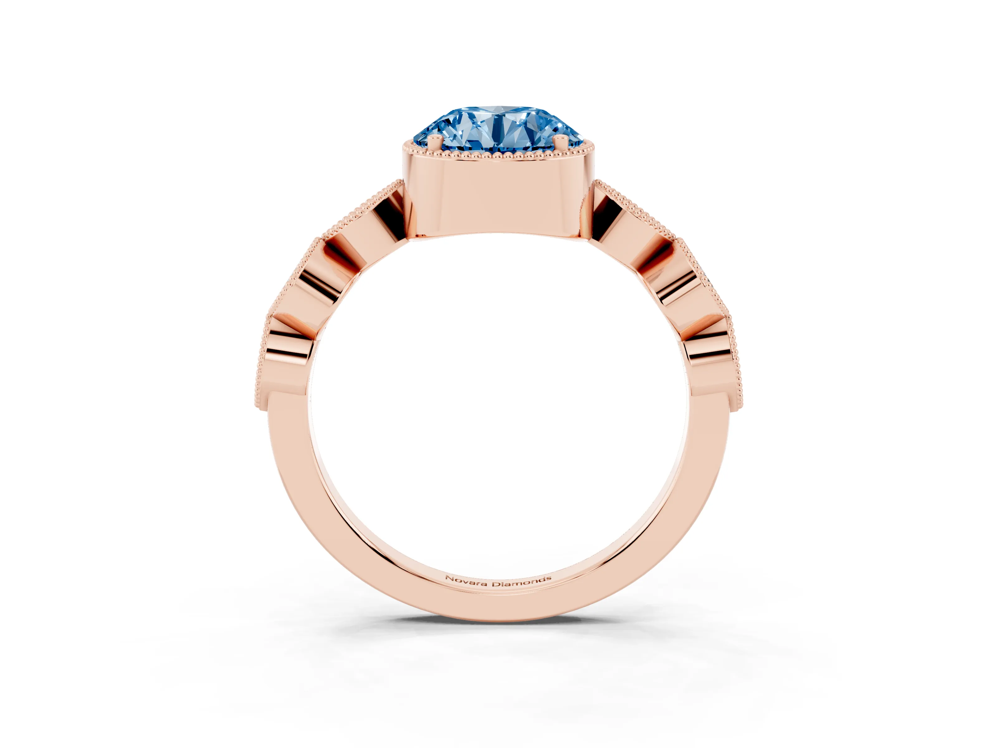 Fancy Blue Round Cut Diamond Vintage-Inspired Milgrain Ring Set in Rose gold with Marquise Stations of Round Accents