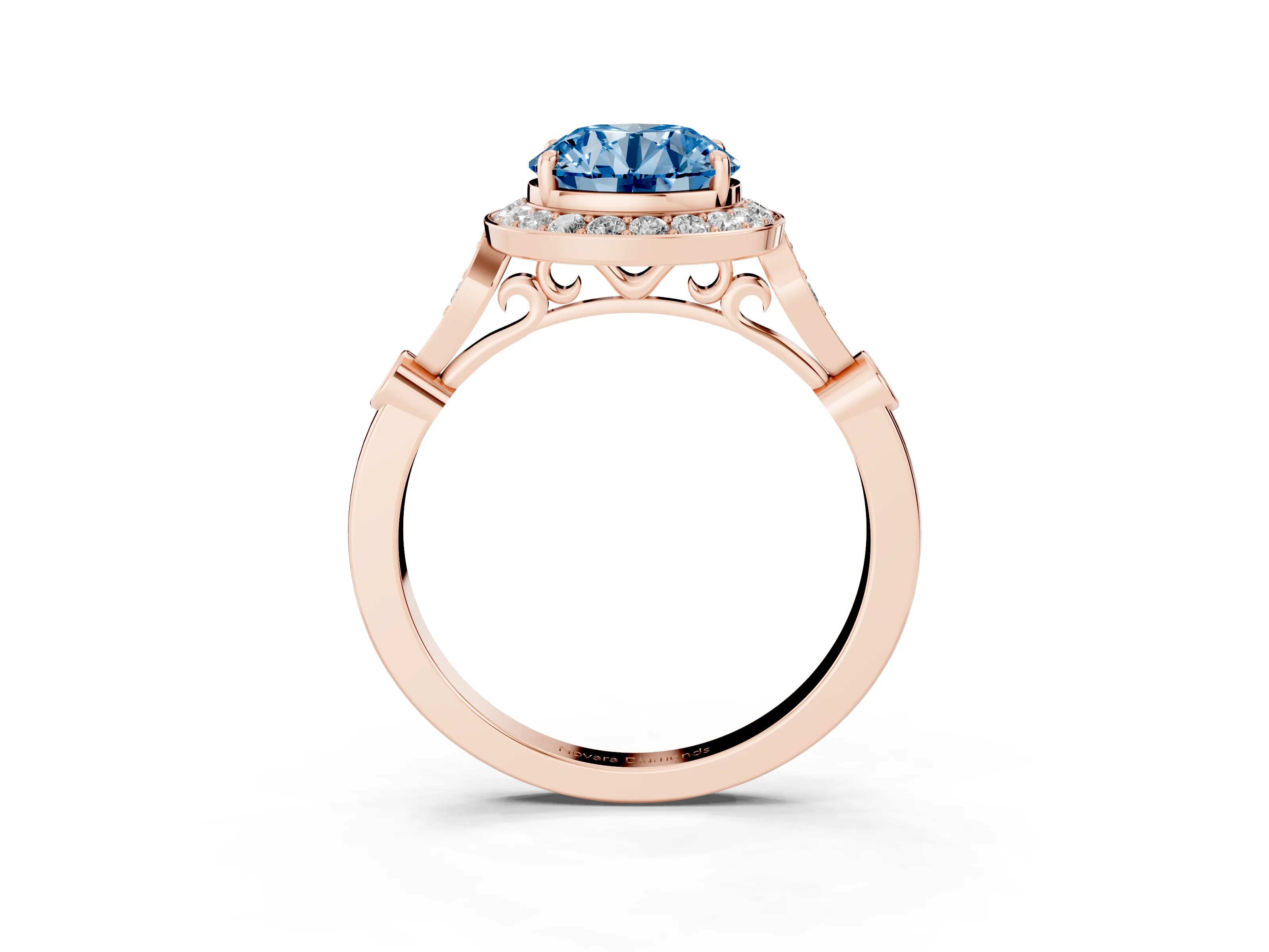 Fancy Blue Round Cut Diamond Halo Engagement Ring Set in Rose gold with Twisted Band and Prong Setting