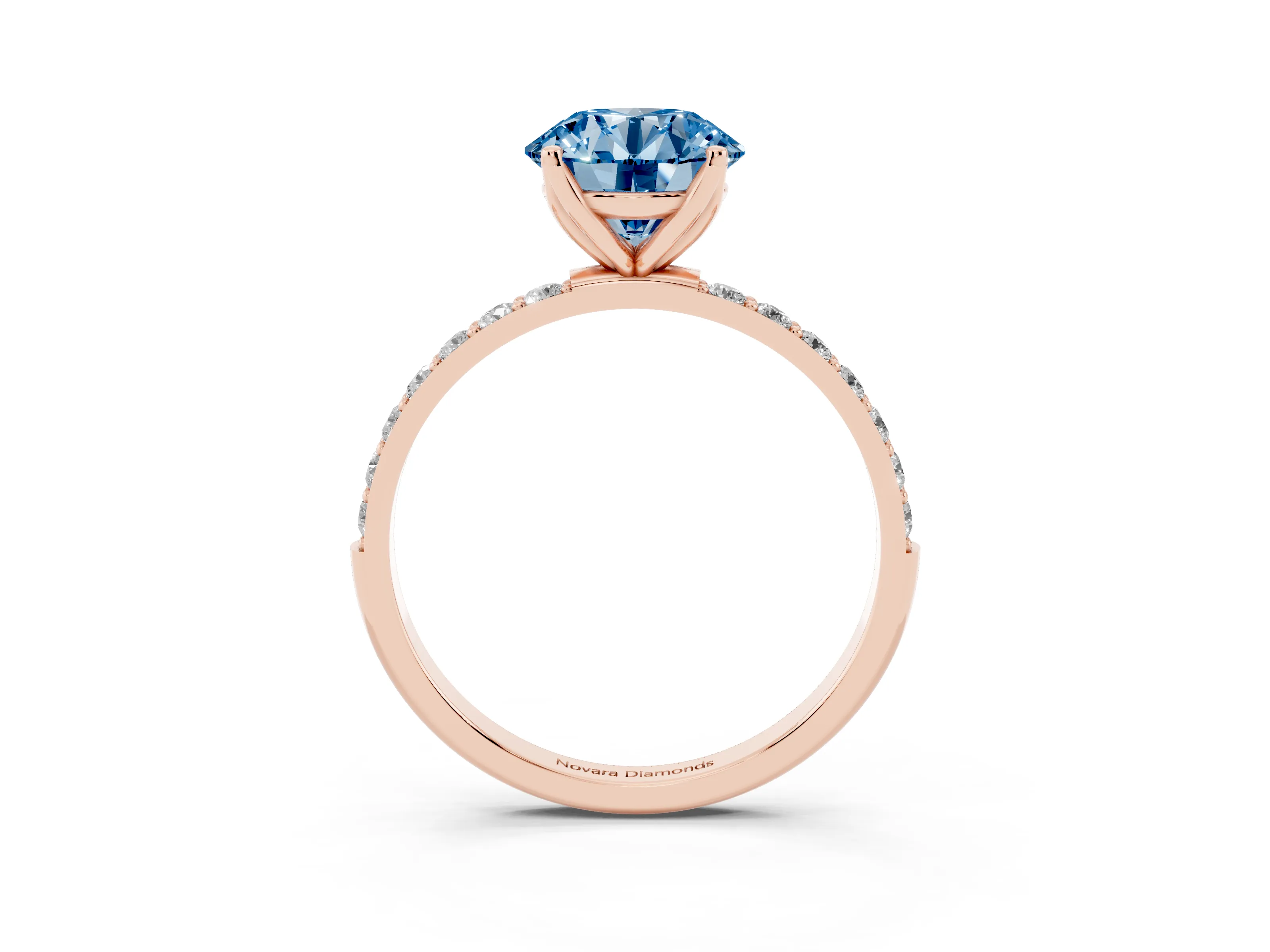 Fancy Blue Round Cut Diamond Solitaire Engagement Ring Set in Rose gold with Round Pavé Band and Prong Setting