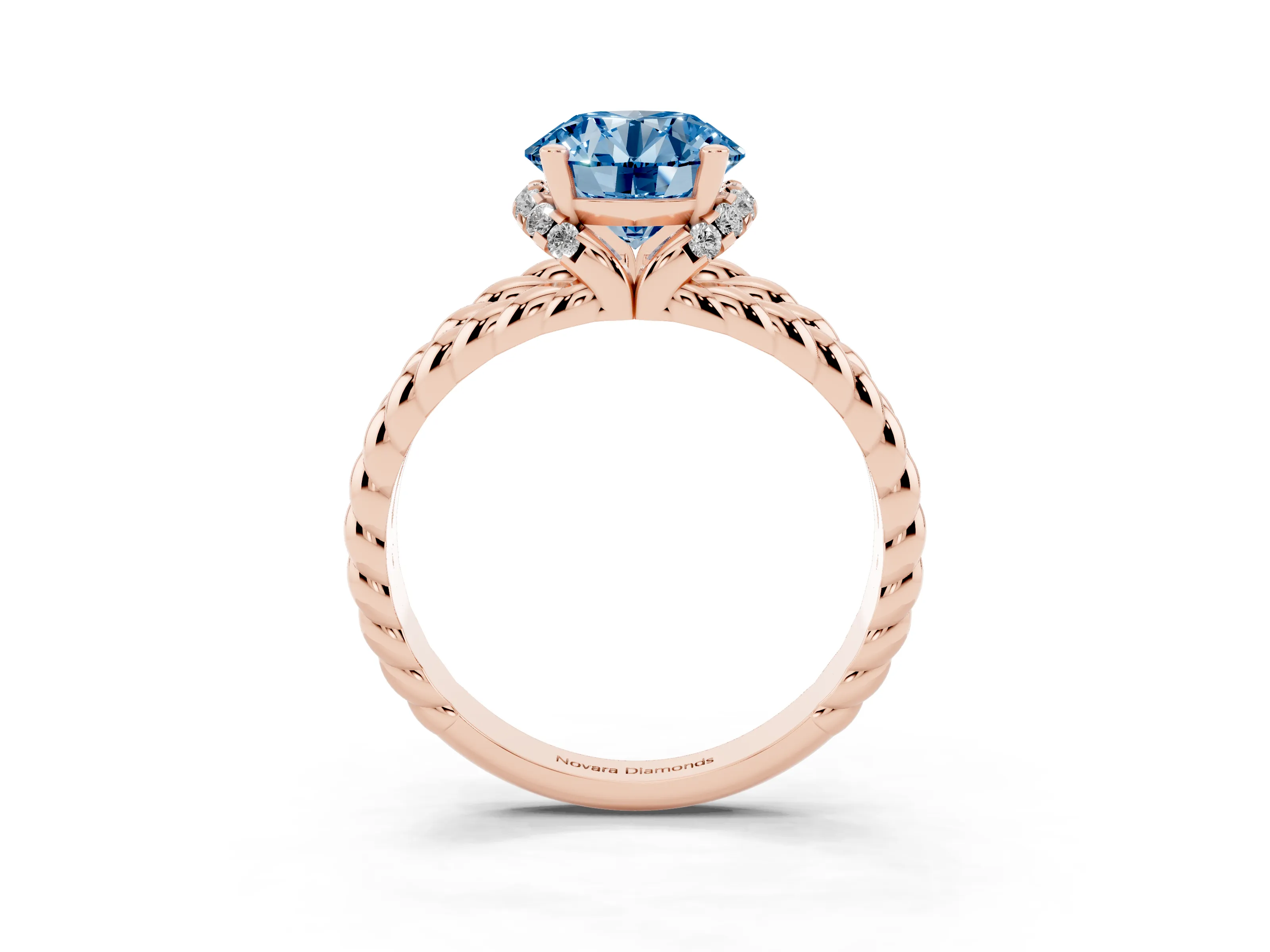 Fancy Blue Round Cut Diamond Halo Ring Set in Rose gold with Twisted Band and Prong Setting