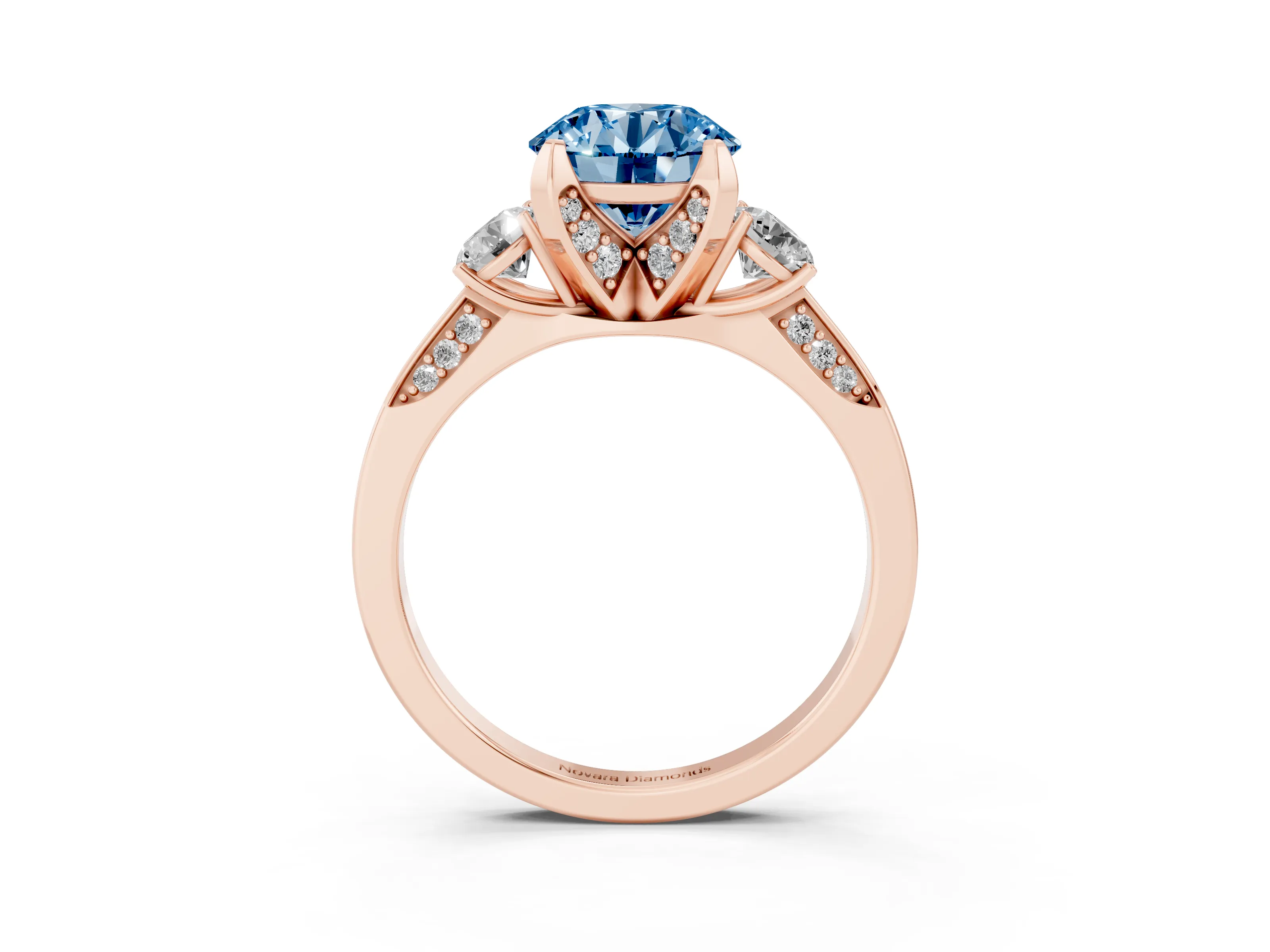 Fancy Blue Round Cut Diamond Three-Stone Ring Set in Rose gold with Pavé Band and Smaller Side Stones