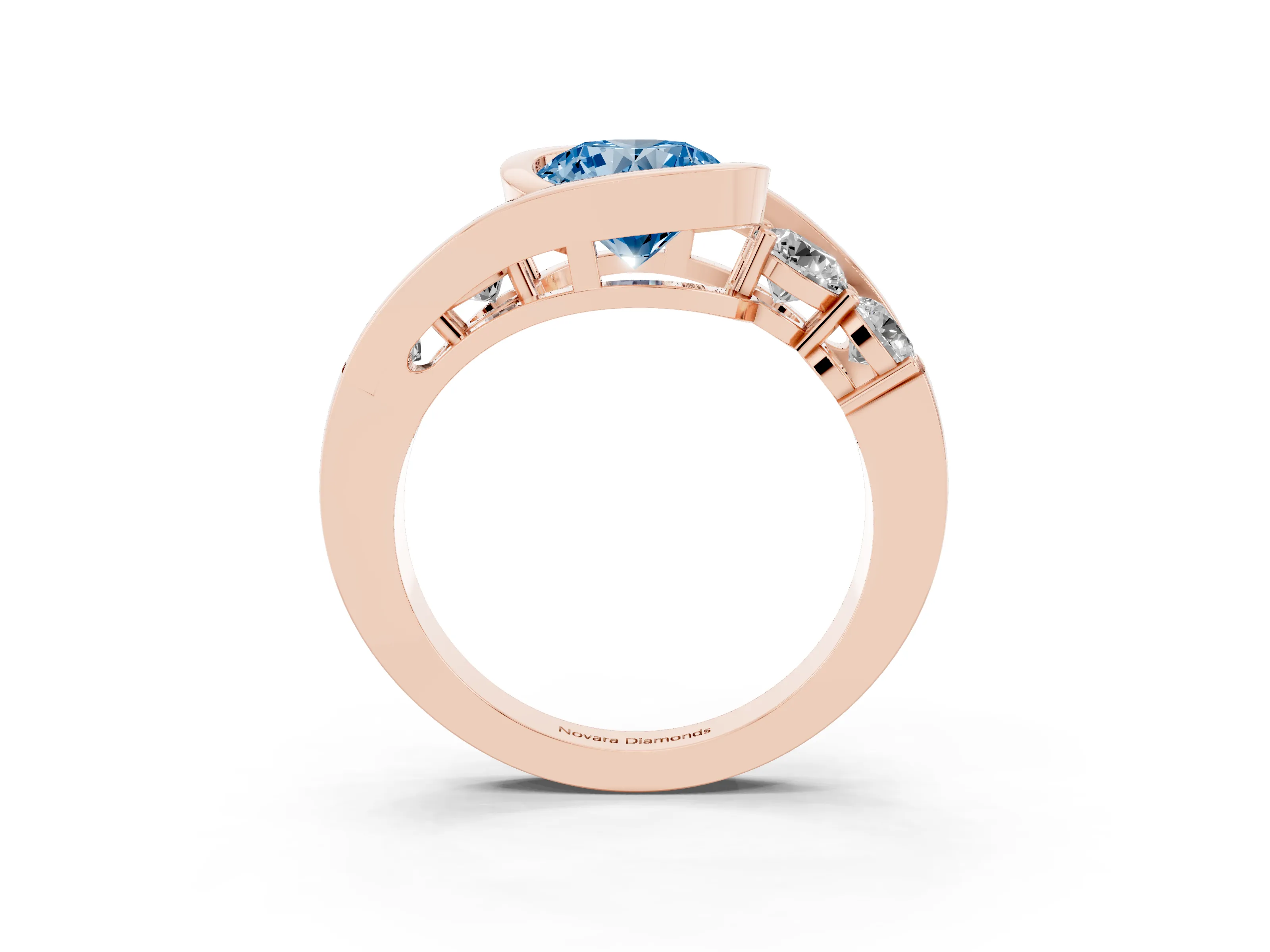 Fancy Blue Round Cut Diamond Bezel Bypass Ring Set in Rose gold with Round Accents