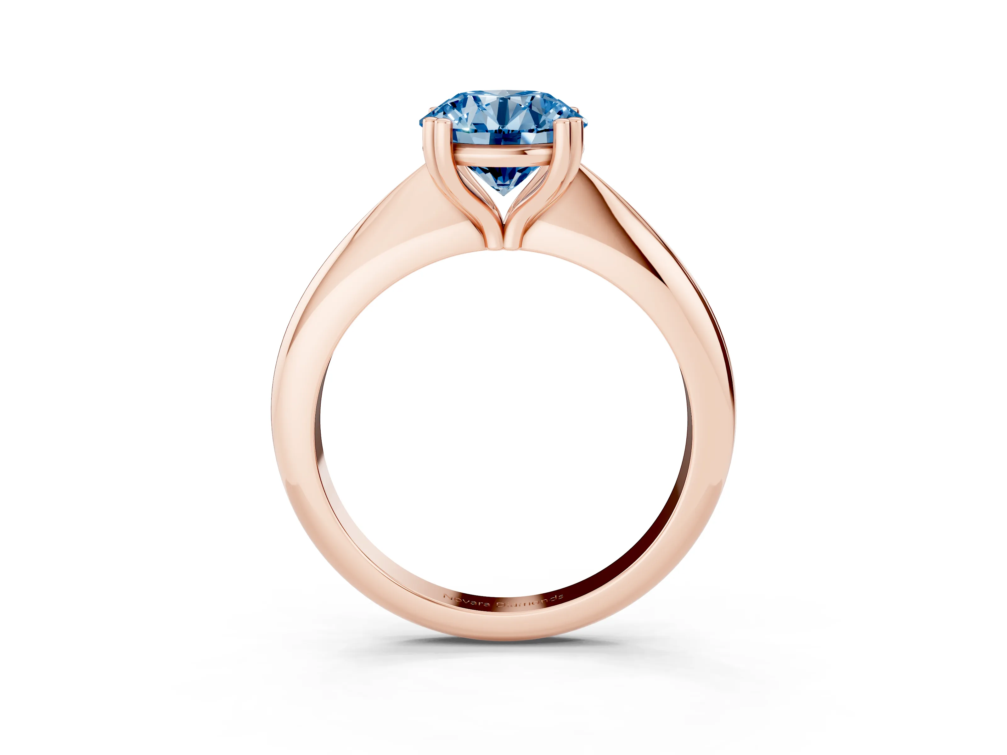 Fancy Blue Round Cut Diamond Solitaire Engagement Ring Set in Rose gold with Tapered Band and Prong Setting
