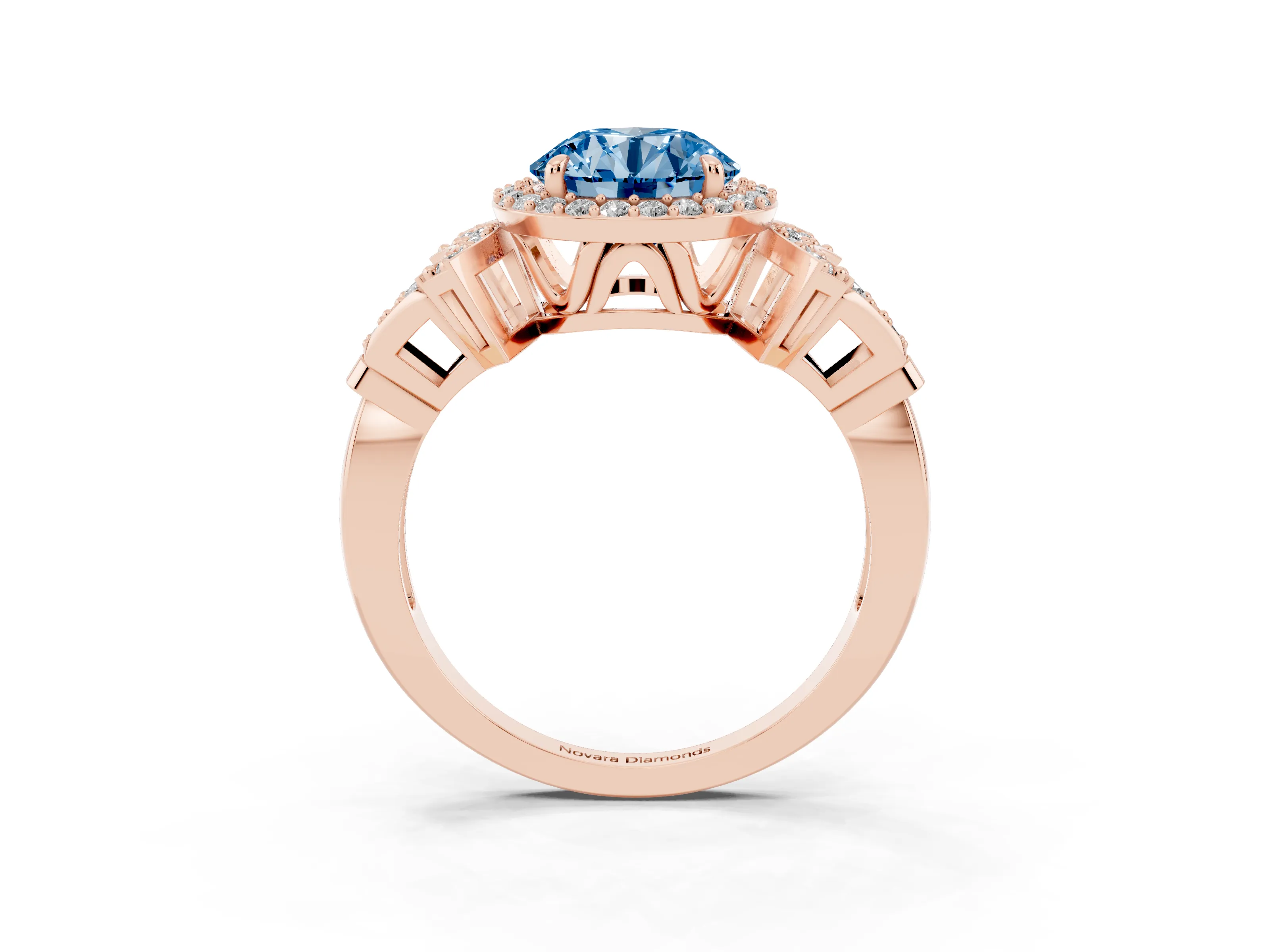 Fancy Blue Round Cut Diamond Halo Engagement Ring Set in Rose gold with Accent Stone Split Shank