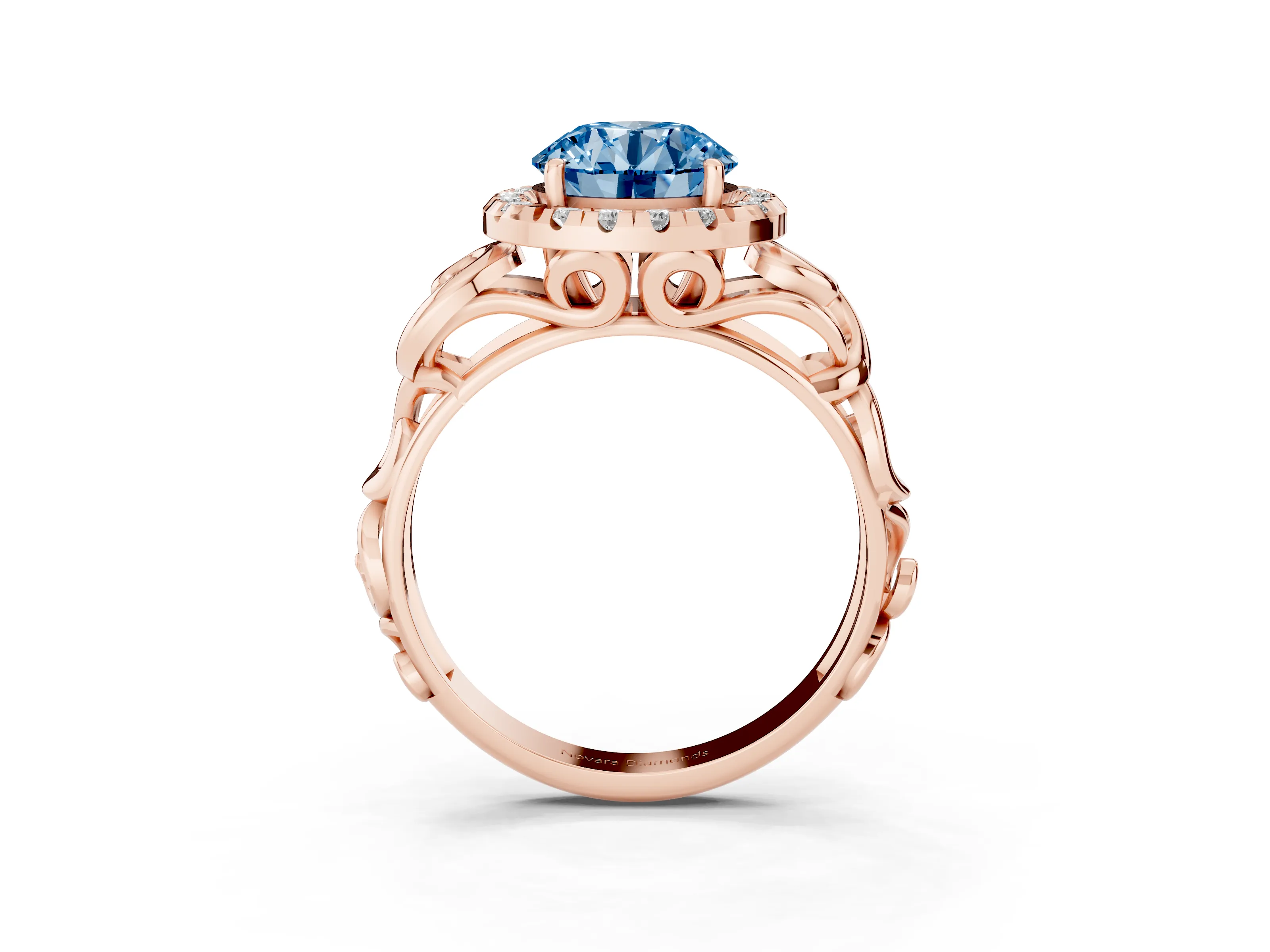 Fancy Blue Round Cut Diamond Halo Ring Set in Rose gold with Scrollwork Band and Prong Setting