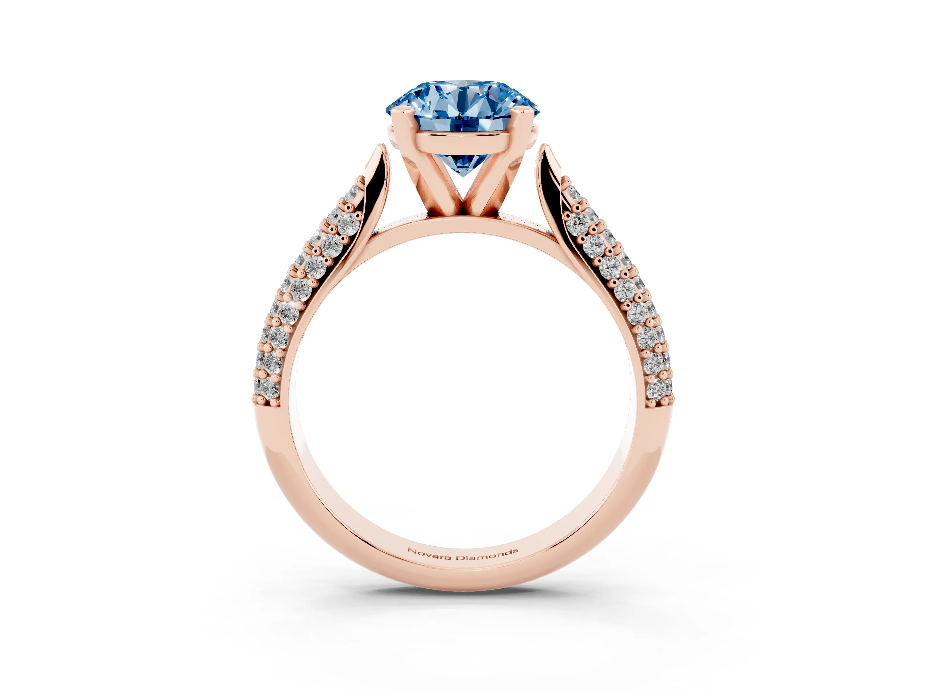 Fancy Blue Round Cut Diamond Solitaire Engagement Ring Set in Rose gold with Multi-Row Round Pavé Band and Prong Setting