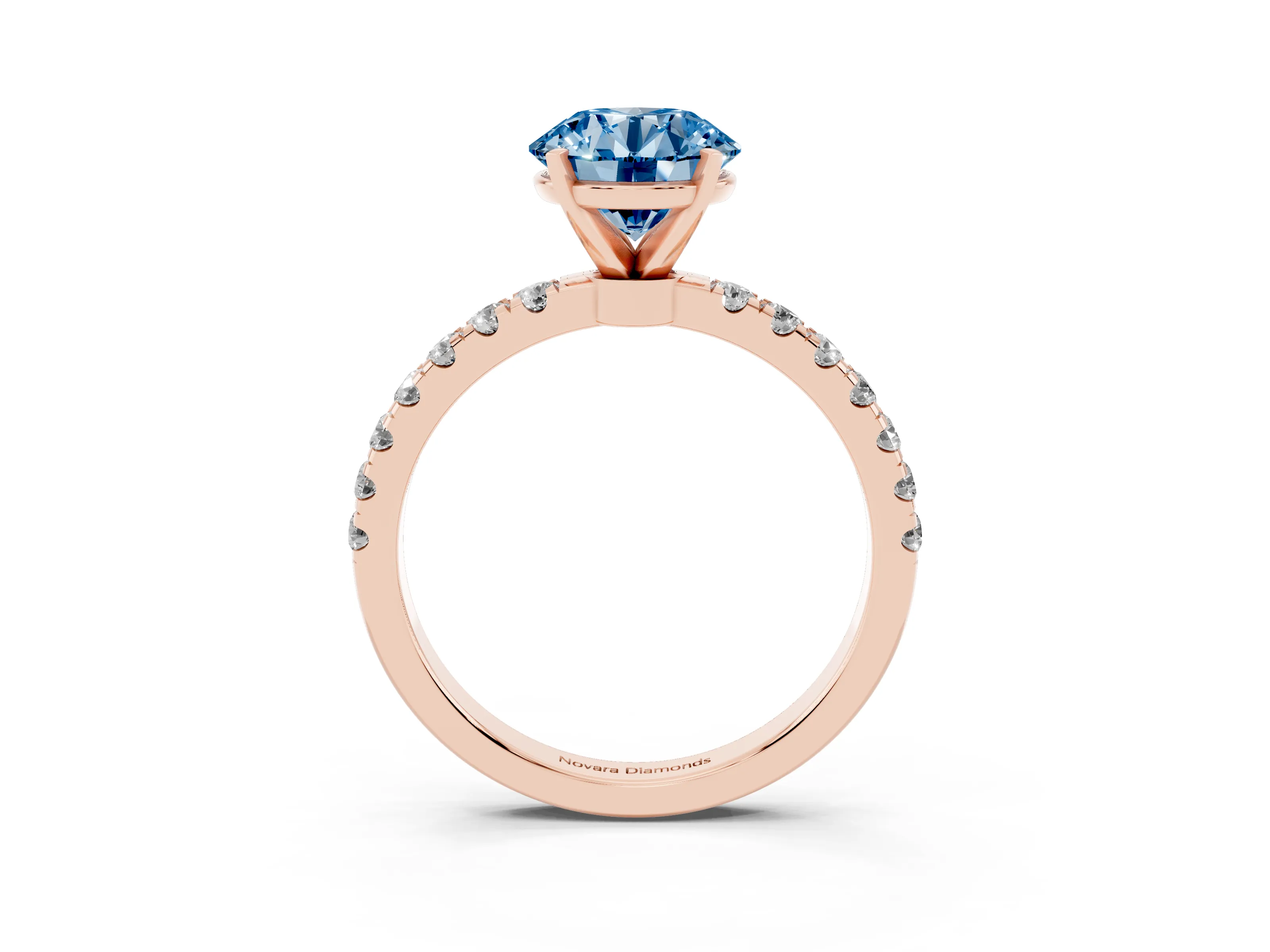 Fancy Blue Round Cut Diamond Solitaire Ring Set in Rose gold with Pavé Accents and Prong Setting